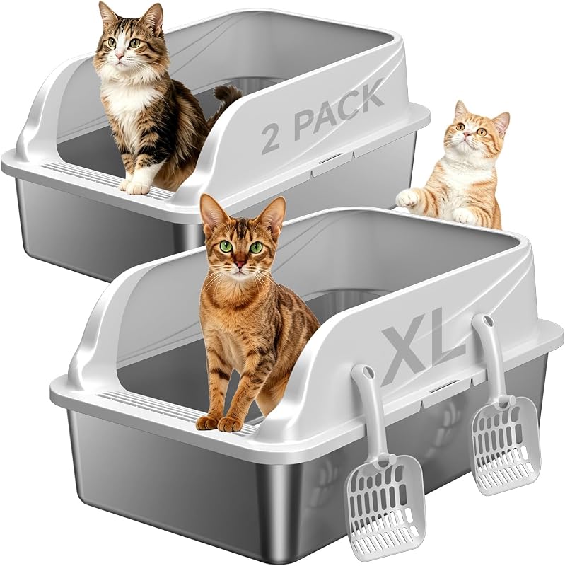 2-Pack Stainless Steel Litter Box Large Easy Clean 2-Scoop Included | Anti-Tracking Step, Odor-Resistant, Rust-Proof, Scratch-Resistant, Non-Slip Pads, Easy Clean, Rolled Safety Edges, Non-slip