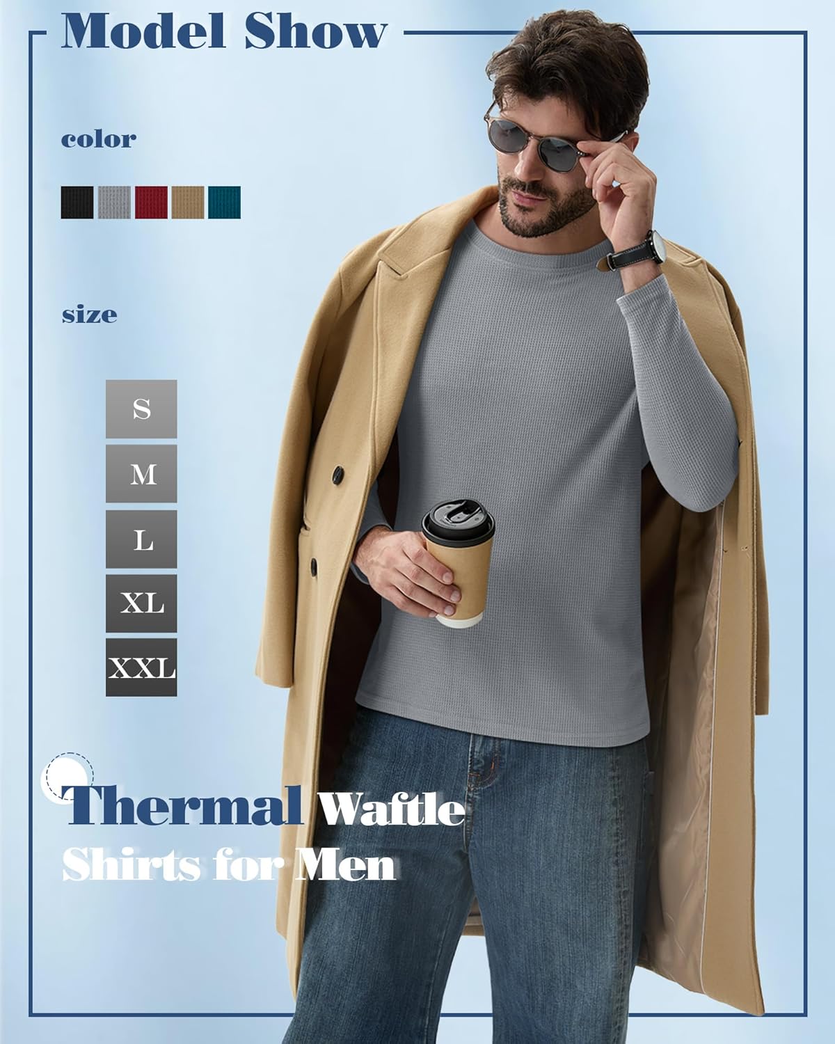 August Alley 5 Pack Thermal Waffle Shirts for Men, Crew Neck Long Sleeve Casual Pullover Underwear Textured Knit Tops