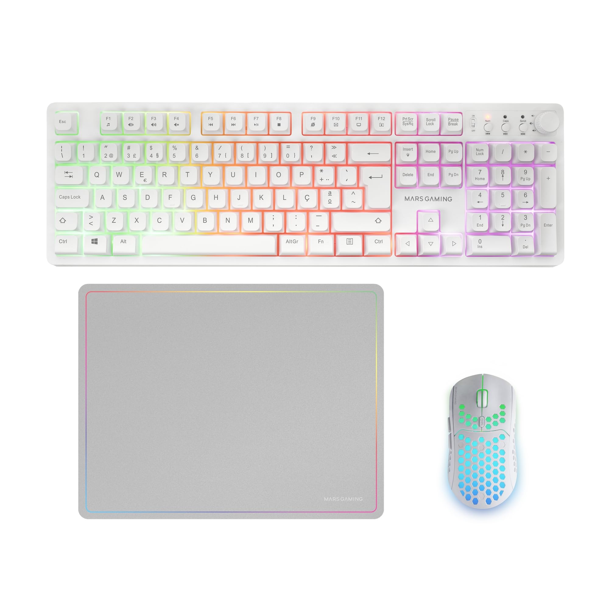 Mars Gaming MCPWX, Portugués, Combo Gaming Inalámbrico, Tecnología DualPro Link 2.4GPRO, Teclado Completo FRGB con Control Multimedia + Ratón RGB 3200DPI + Alfombrilla Antideslizante 360x260mm, Blanco