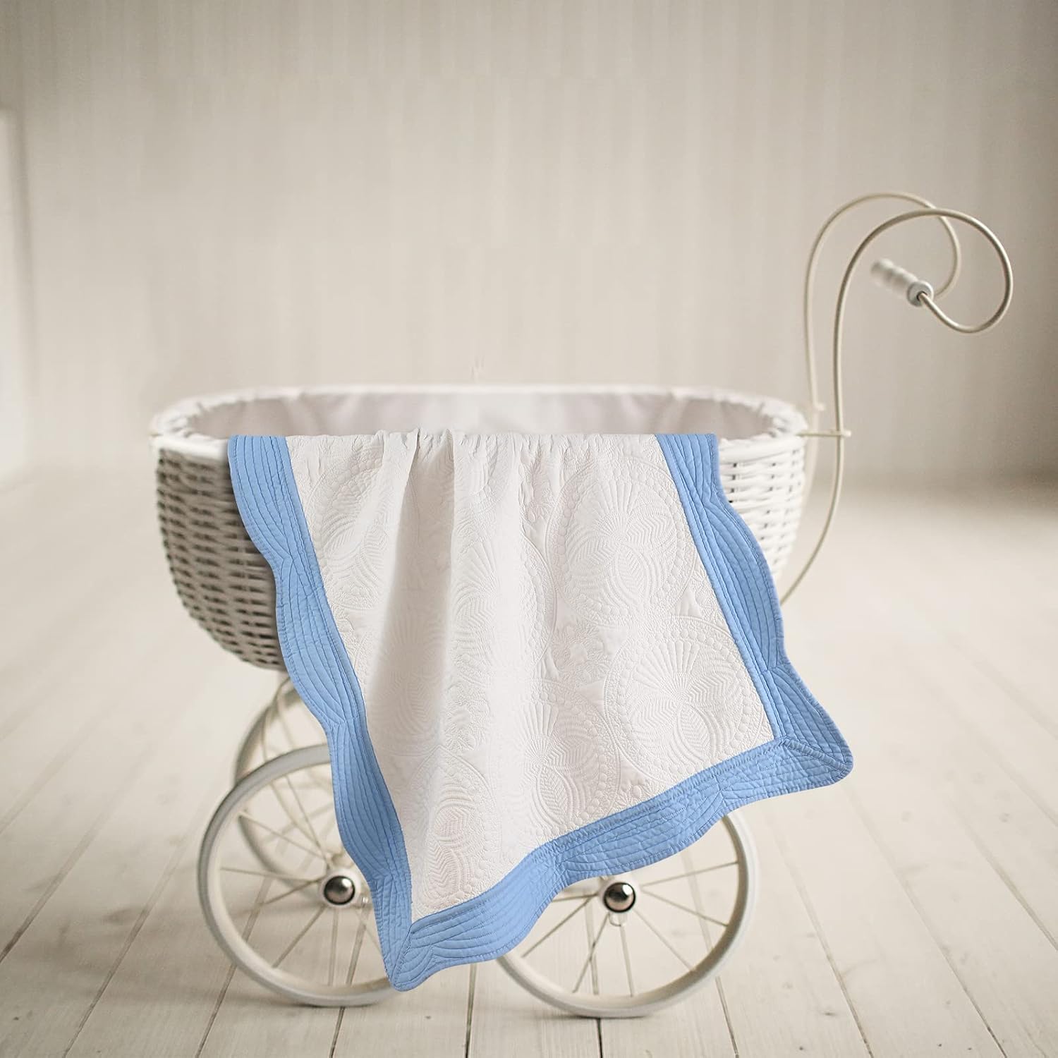 MONOBLANKS Baby Quilt Personlized Monogram Lightweight Embossed Scalloped Throw Blanket Four Seasons (White-Blue Trim)