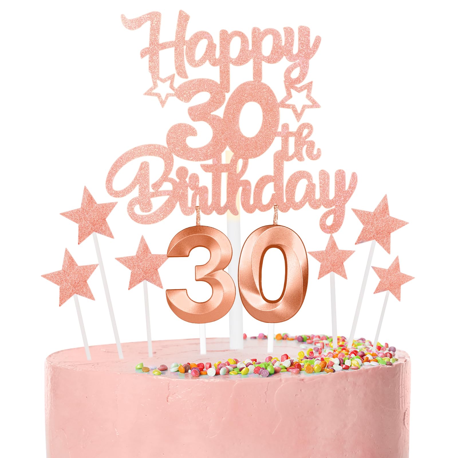 Rose Gold Happy 30th Birthday Candles Cake Topper Set,Rose Gold Number 30 Birthday Candles with Rose Gold 30th Birthday Cake Toppers Star Cupcake Toppers for Men Women Birthday Anniversary Decor