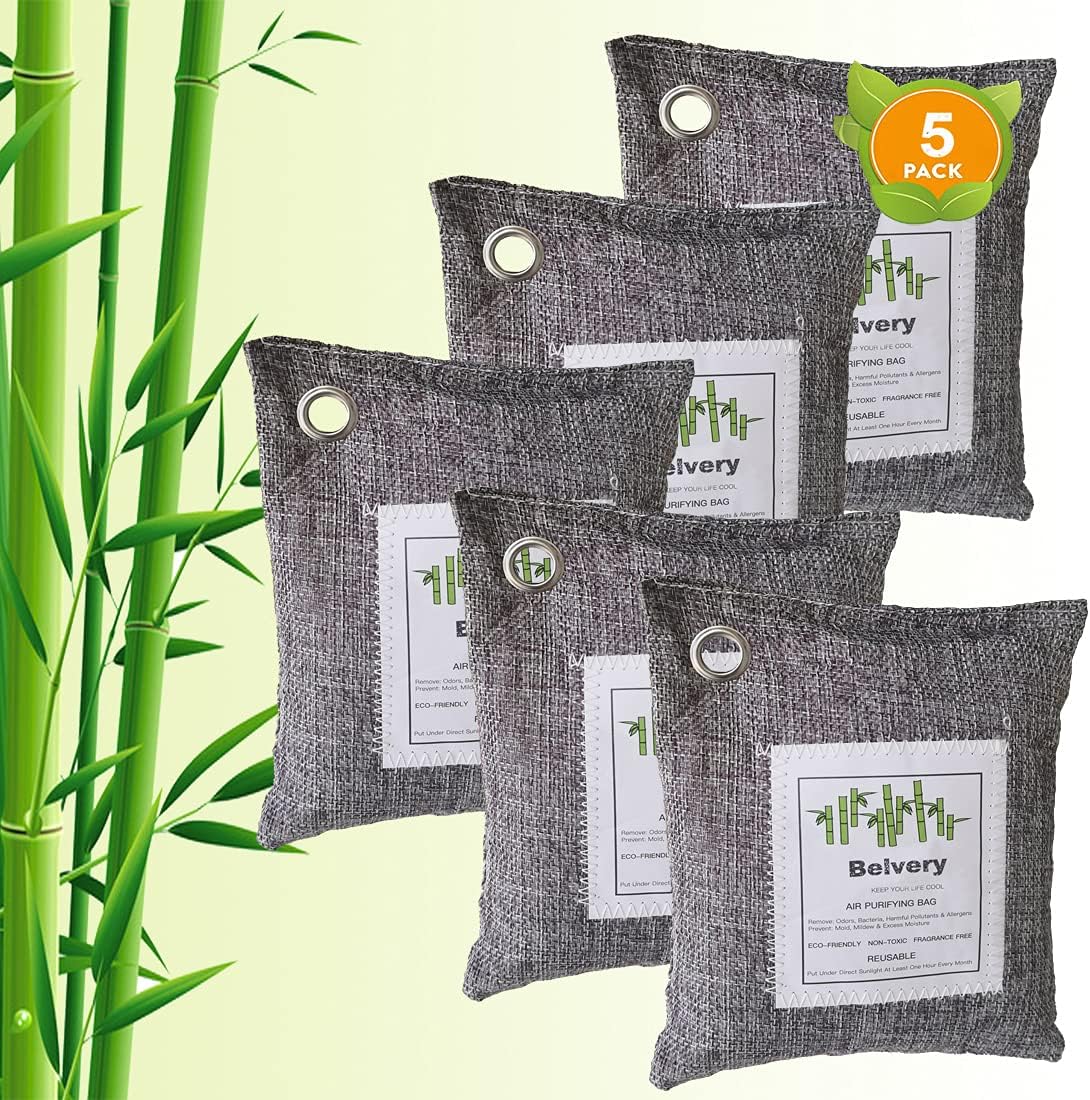 Belvery Nature Fresh Bamboo Charcoal Air Purifying Bags Activated Natural Home Odor Absorber Deodorizer and Moisture Eliminator Purifier Bag for Closet, Shoe Car large Room Pet Safe (5Ã—200g Packs)