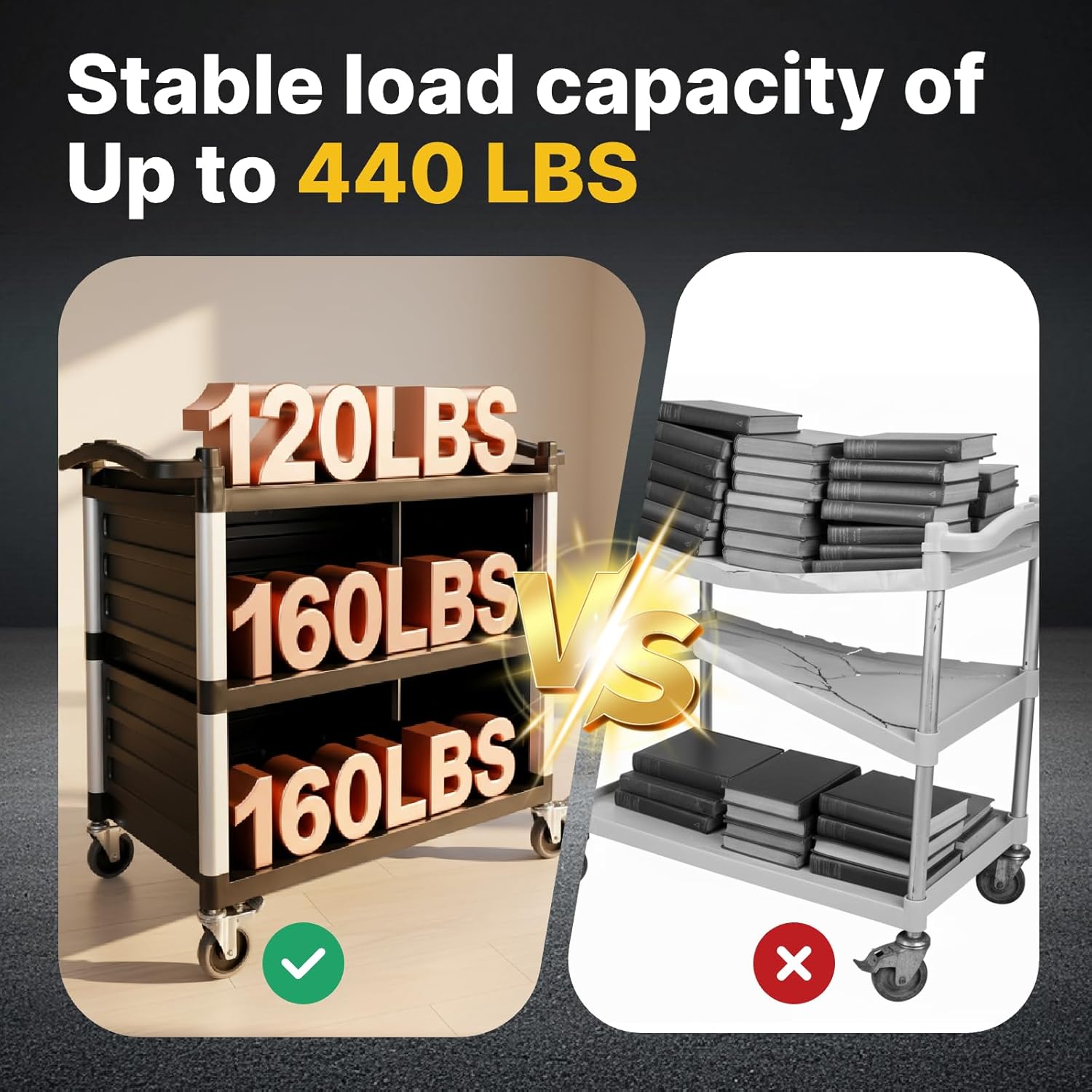 NorthSky Select Dual-Handle Utility Service Cart, 3 Shelves, 440 lb. Capacity -Black Plastic Shelves, Lockable Swivel Casters - Suitable for Hospital, Lab, Hotel, Office Transport & Organizing