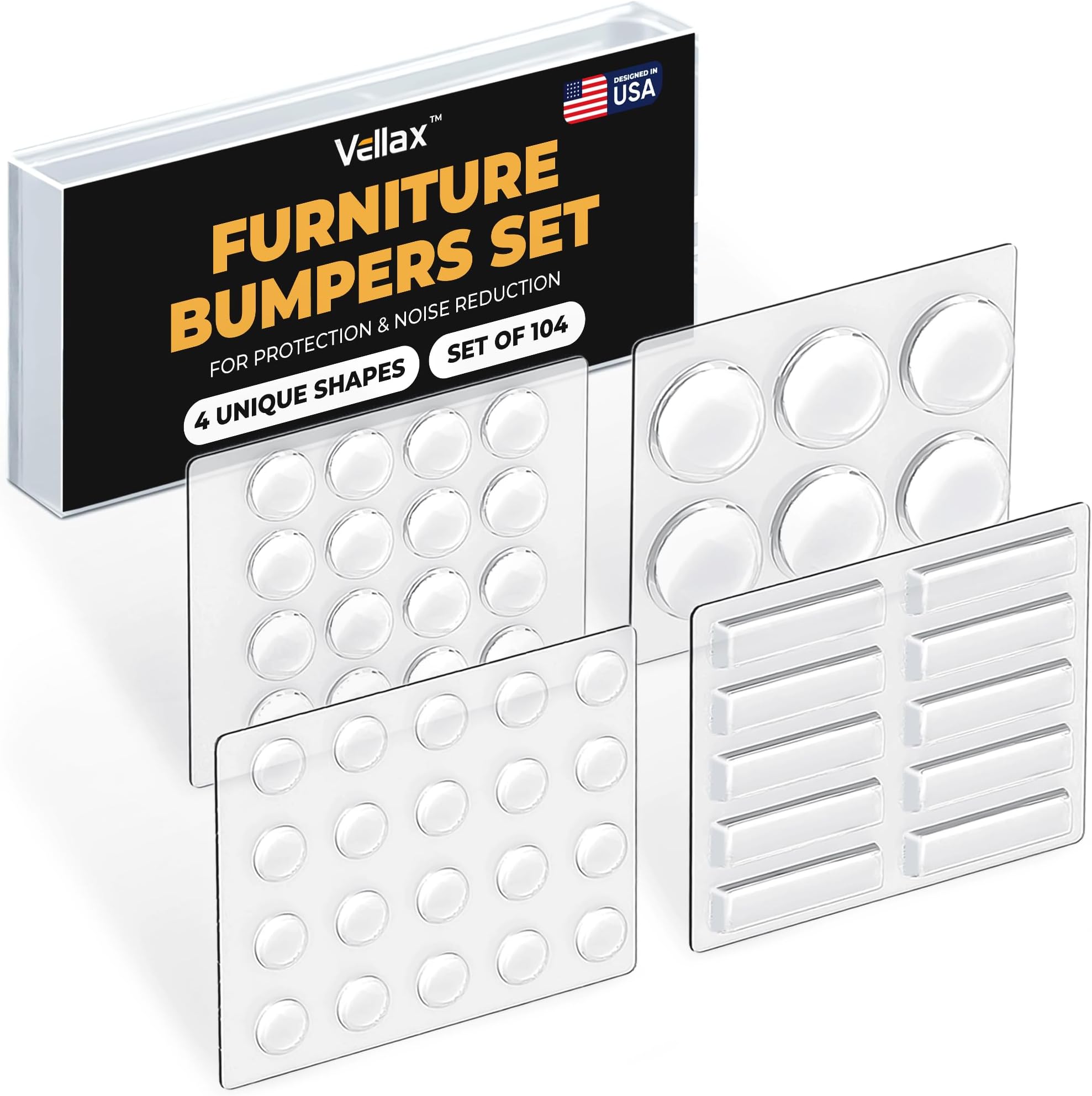 104 Clear Cabinet Bumper Pads – Self-Adhesive Silicone Buffer Set with 4 Shapes for Doors, Drawers & Furniture – Sound Dampening & Surface Protection