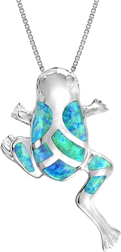 Honolulu Jewelry Company Colgante de plata de ley con ópalo azul simulado de rana de la suerte con cadena de caja de 18 pulgadas, Metal Metal resina
