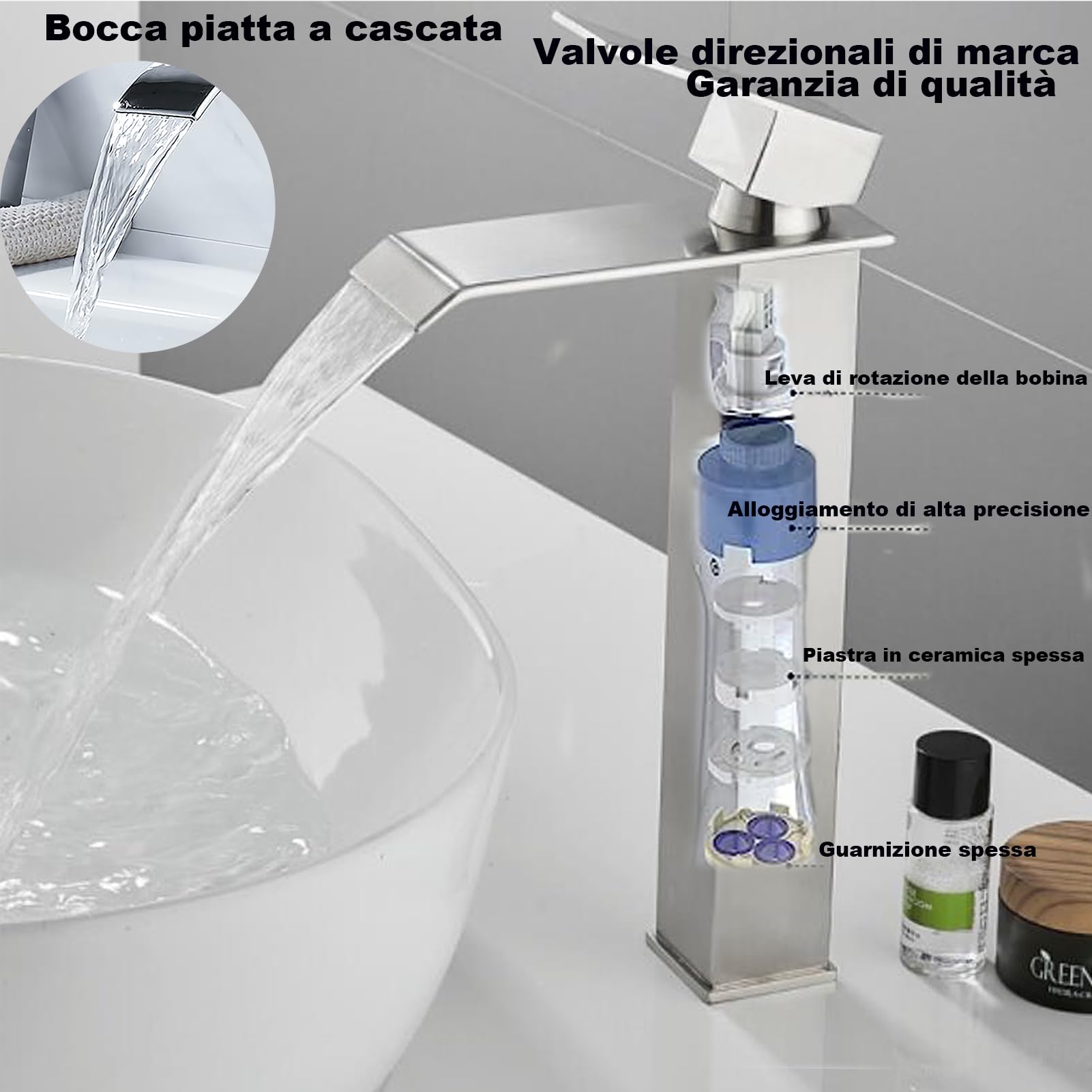 XWIHTR Rubinetto a cascata per bagno, rubinetto per lavabo a una maniglia, rubinetto per lavabo a risparmio idrico; bocca calda e fredda, rubinetto per bagno in ottone in acciaio inox (spazzolato-h)