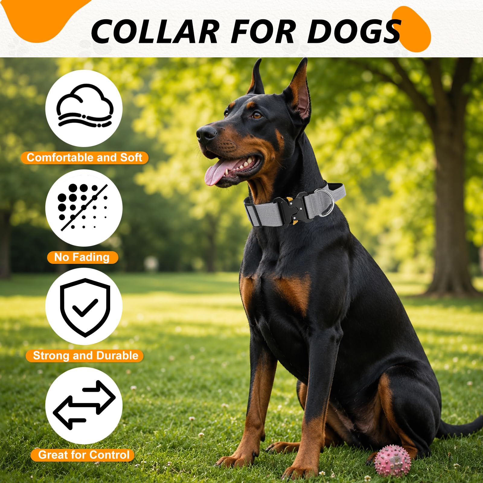 Collare Cane Tattico con Manico, Militare Regolabile (Grigio, L) | Fibbia in Premium D-Ring, Imbottito in Nylon, Resistente e Spesso, per Cani di Taglia Media Grande Caccia Allenamento Caccia