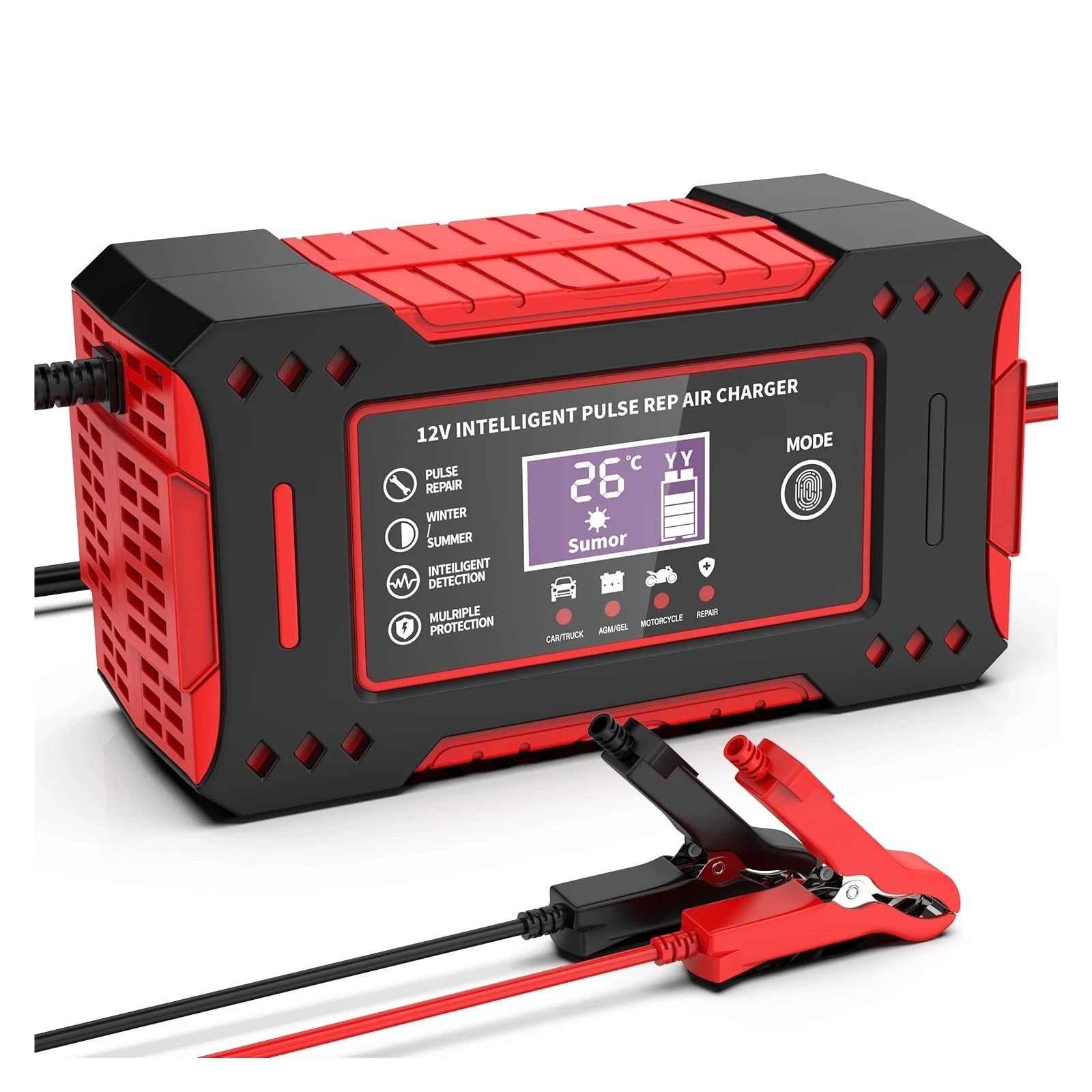 Cargador de Bateria, Cargador inteligente for baterías de coche de 12 V, mantenedor de baterías for motocicleta con pantalla LCD