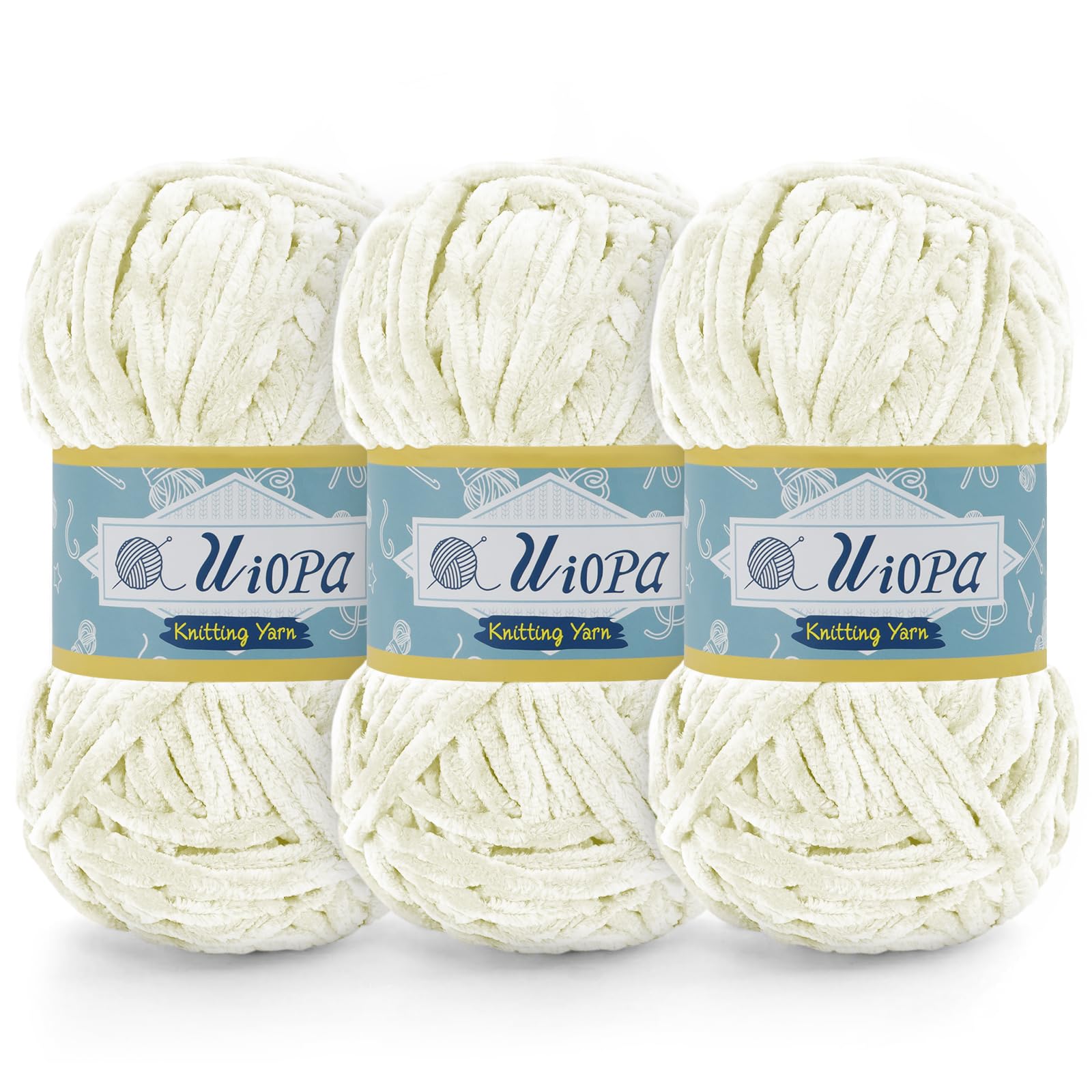 Uiopa 3 x 100g Chunky Chenille Yarn, Plush Velvet Yarn Thick Chenille Wool, Cream White Fluffy Crochet Chunky Wool for Amigurumi Blankets Clothes DIY Crafts