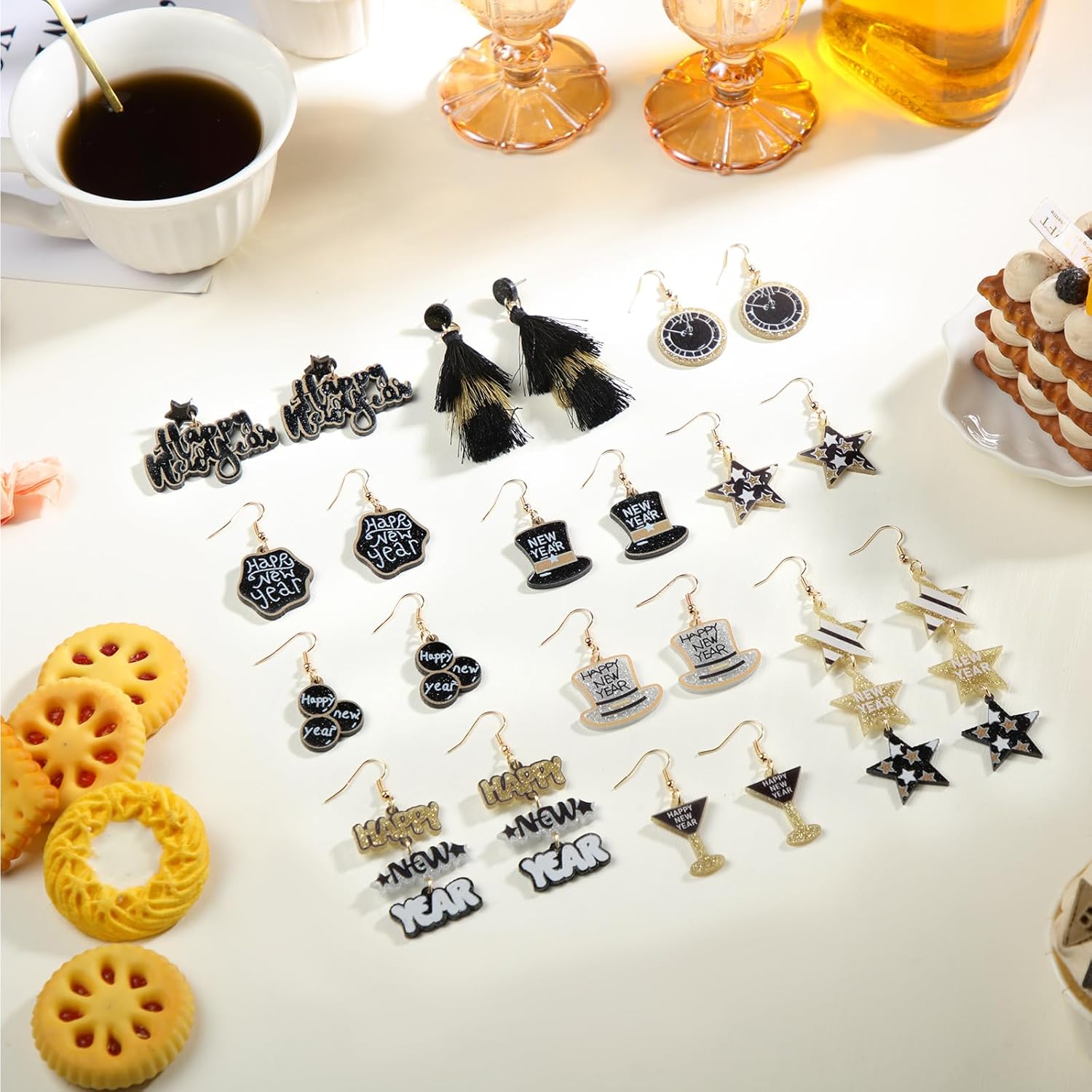 Remuuly 24 Pairs Happy New Year Earring for Women Champagne Bottle Glitter Star Hat Clock Dangle Earrings Holiday Jewelry Gifts for Festive Party Jewelry Gifts - Image 7
