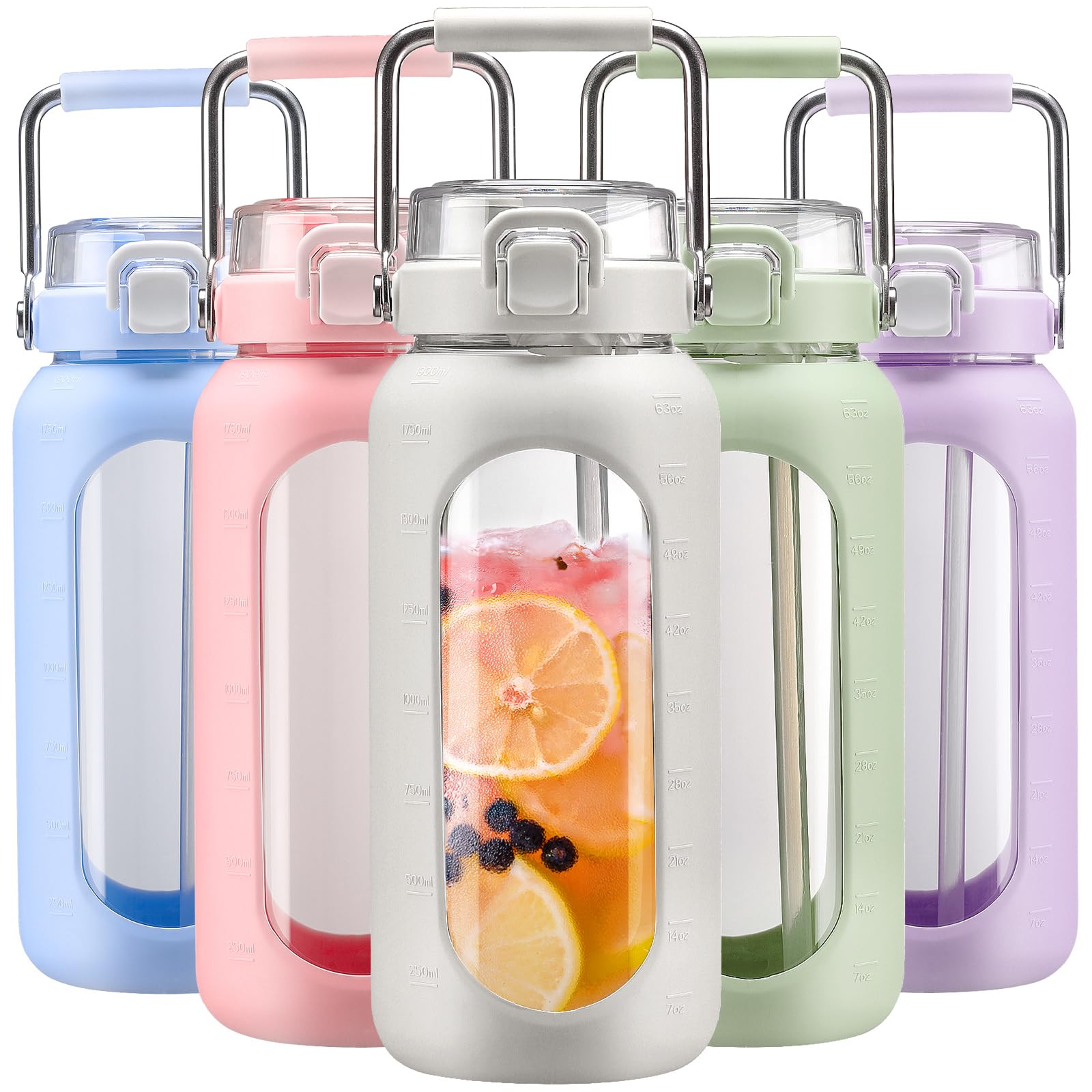 BLUEGO 64oz Water Bottle Glass with Stainless Steel Handle Large Water Bottle with Time Markers and Silicone Sleeve Half Gallon Water Jug BPA Free for