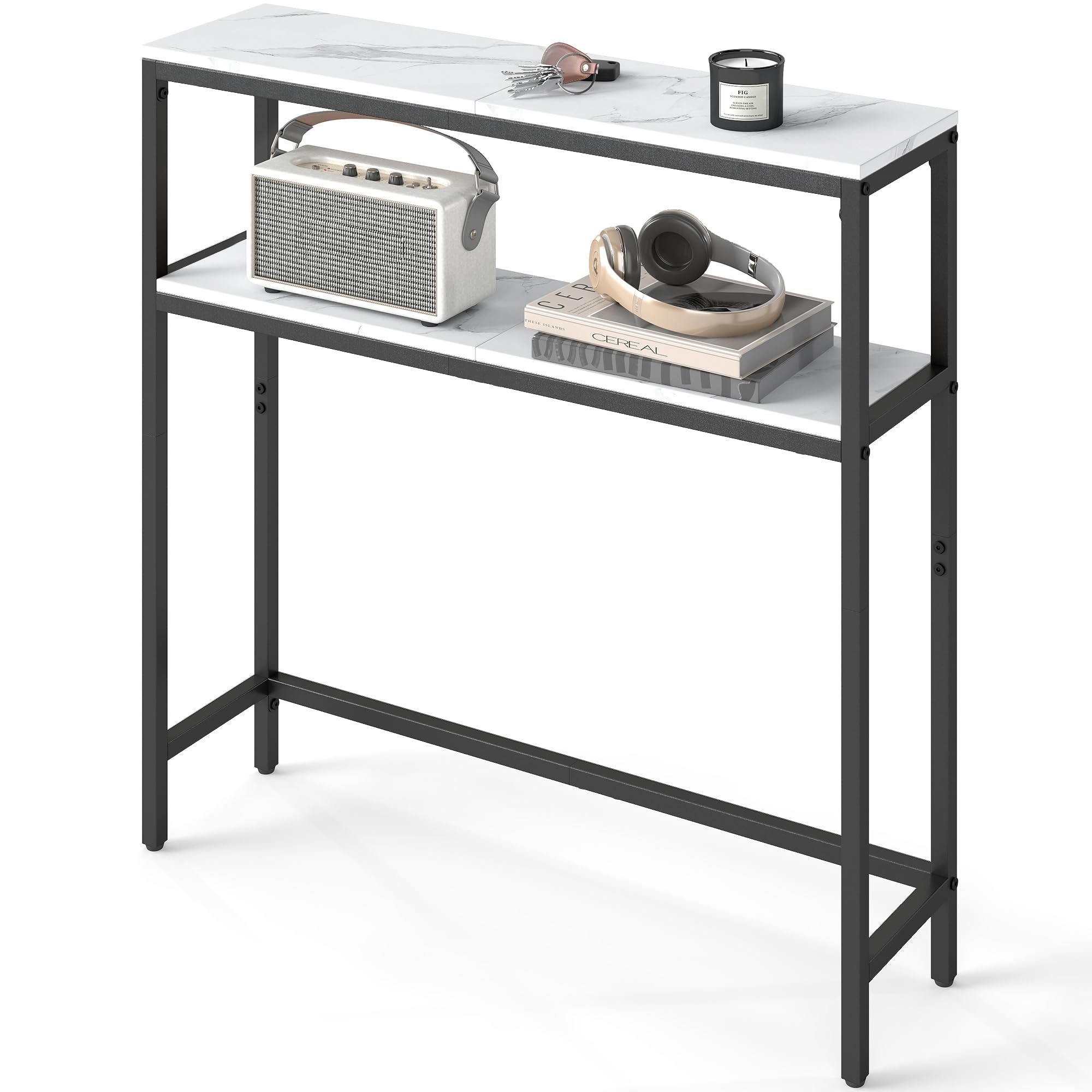 VASAGLE Console Table, 2-Tier Slim Sofa Table, 20 x 80 x 80 cm, Hallway Table with 2 Shelves, for Living Room, Entryway, Marble White and Ink Black LNT130W59V1