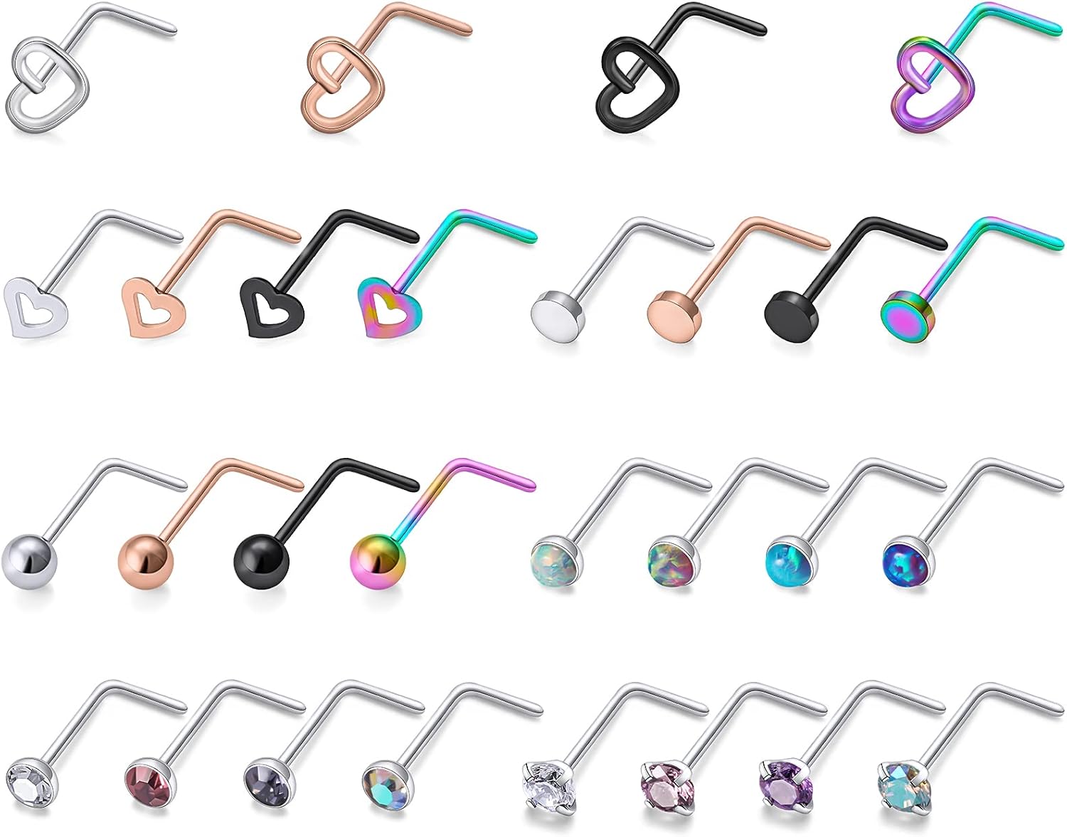 20g Straight/L/Corkscrew Nose Rings Studs Piercings Jewelry for Women Men Surgical Steel Hypoallergenic 2mm Opal Nostril