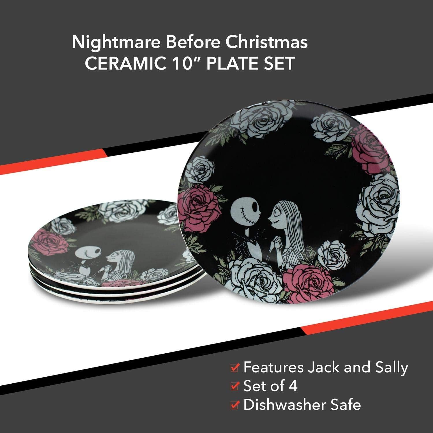 OFFICIAL The Nightmare Before Christmas Plate Set | 10" Ceramic Plates Feat. Jack and Sally | Set of 4