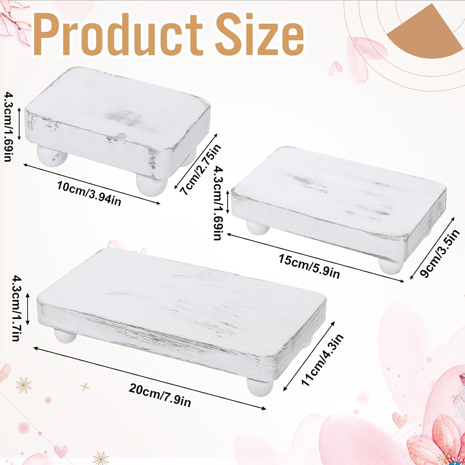 3 Pcs Wooden Risers for Decor, Tiered Wood Pedestal Stands with Legs White Mini Stackable Kitchen Stand Tray Holder for Home, Bathroom, Office Decor