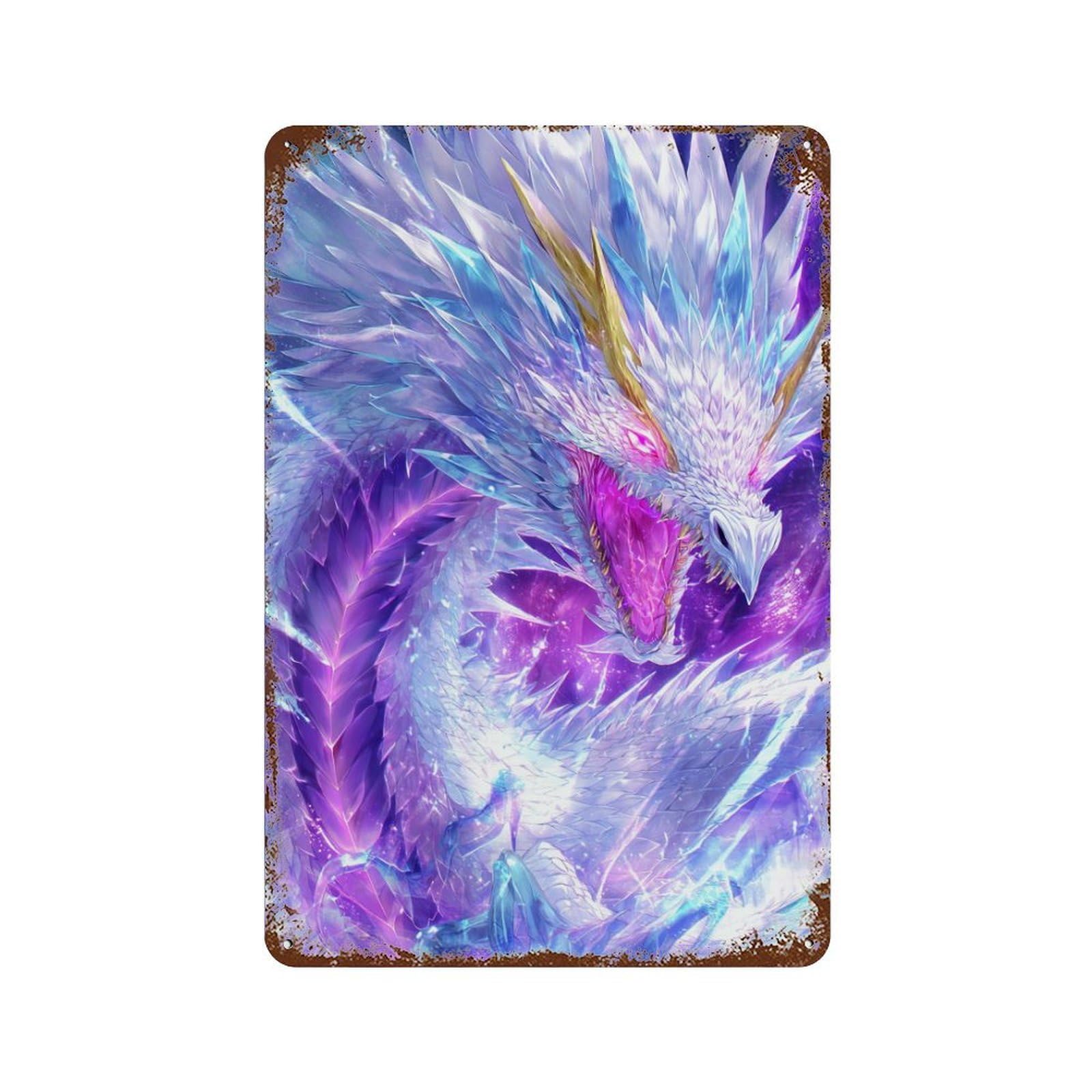 Crystal Dragon Fantasy Artwork Rust Effect Tin Sign 11.8"x7.9", Vintage Wall Decor for Pub, Kitchen And Man Cave Decor