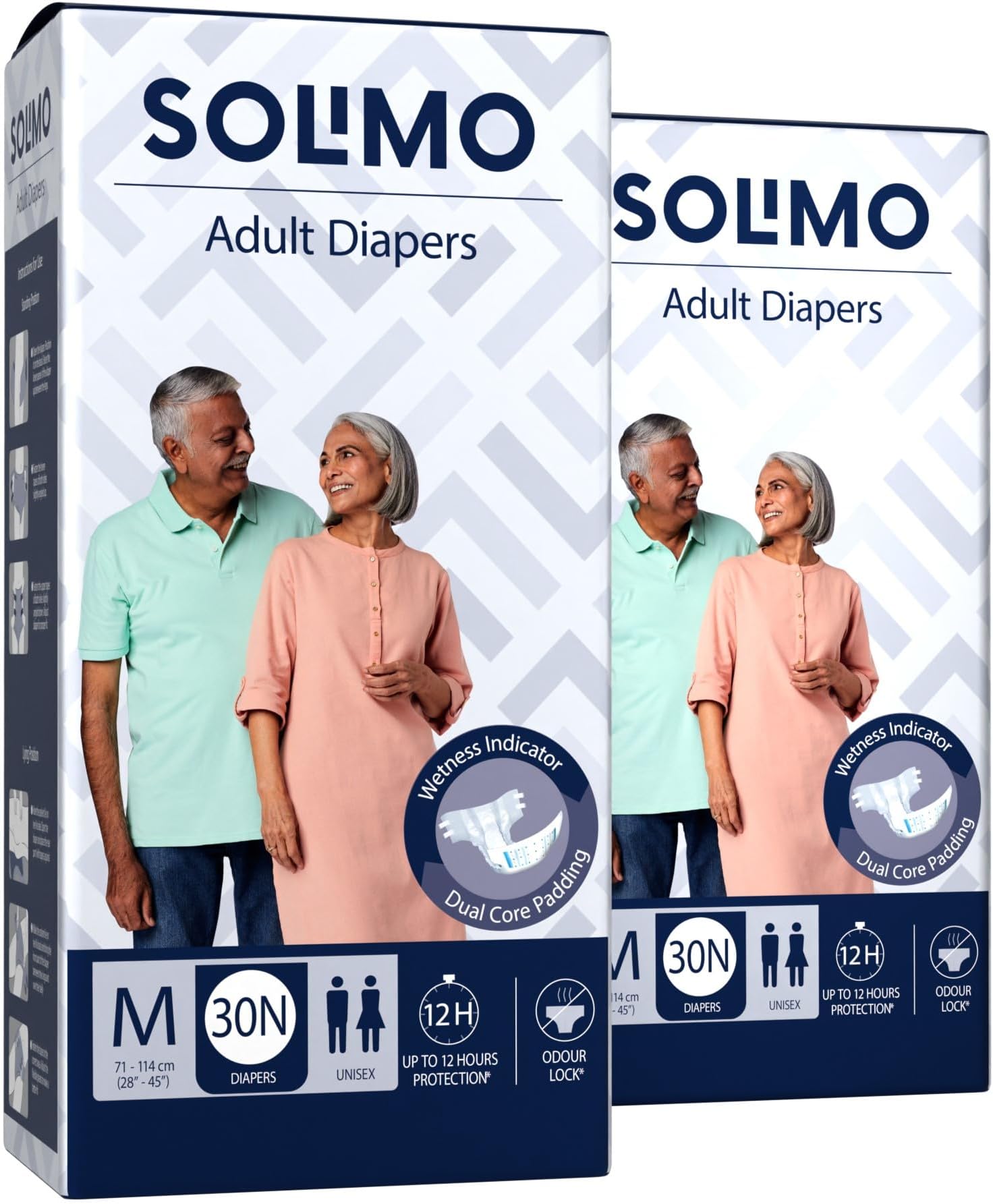 Amazon Brand-Solimo Adult Diapers Tape Style|Medium Size|60 Count|(30 x Pack of 2)|Waist 28-45 Inch(71-114 cm)|Unisex|Quick Absorption|Leak Proof Upto 12 Hours|Wetness Indicator|For Men & Women