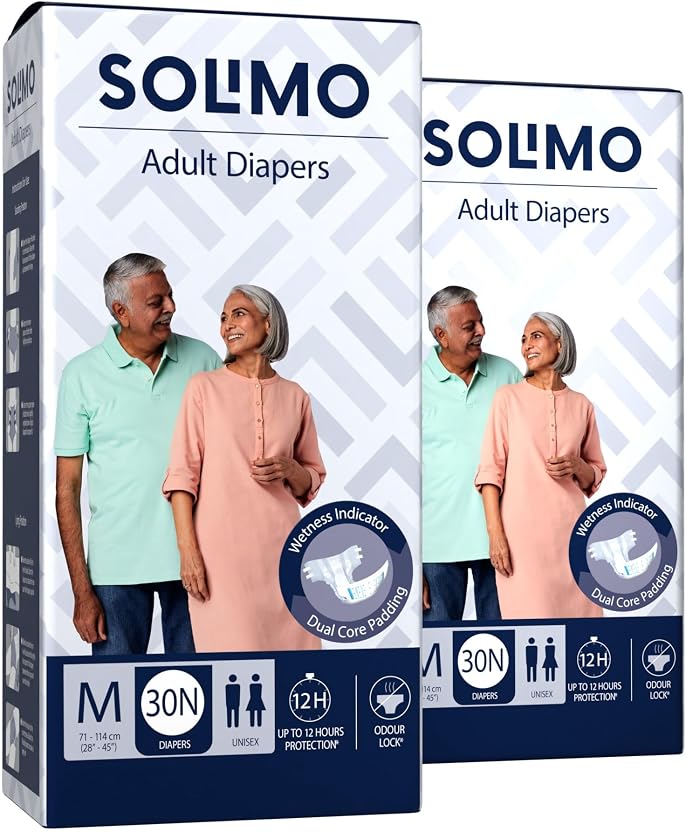 Amazon Brand - Solimo Amazon Brand-Solimo Adult Diapers Tape Style|Medium Size|60 Count| (45 inch, Pack of 2)