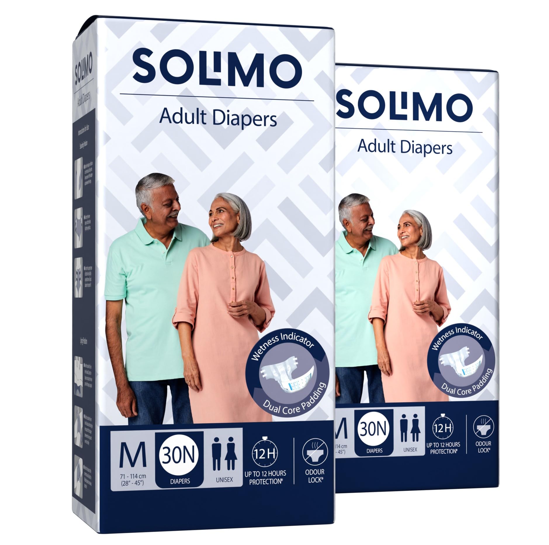 Amazon Brand-Solimo Adult Diapers Tape Style|Medium Size|60 Count|(30 x Pack of 2)|Waist 28-45 Inch(71-114 cm)|Unisex|Quick Absorption|Leak Proof Upto 12 Hours|Wetness Indicator|For Men & Women