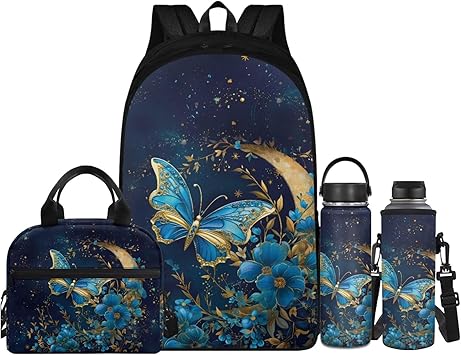 Flashideas Blue Butterfly 4Pcs Girls Backpack for School with Lunch Box Insulated Water Bottle and Bottle Bag Case Pouch with Padded Strap Sports Bookbag Back Pack Gift for Girls Boys