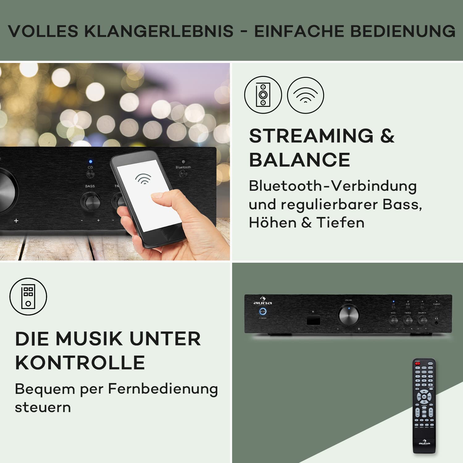 auna Verstärker, HiFi Stereo Mini Verstärker, HiFi-Verstärker mit Bass & Treble Regler, 1 Kanal Audio-Verstärker, Stereo-Verstärker Lautsprecher mit Fernbedienung & AUX-Anschluss, AV Receiver