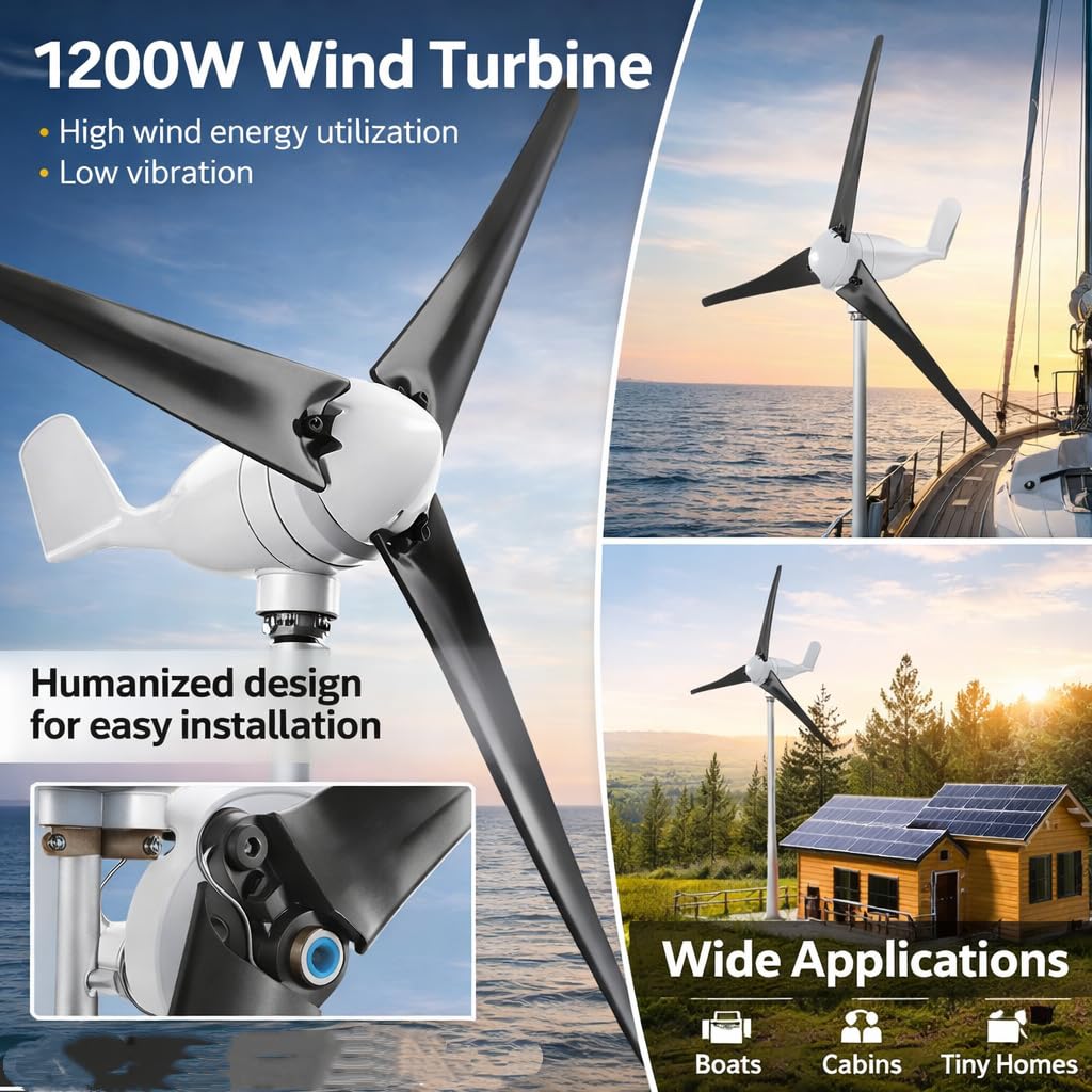 Windturbinengenerator 1200W, 3-Blatt-Windregler-Turbinengenerator-Kit für Windmühlen und Ladestation zu Hause (Black 24V)