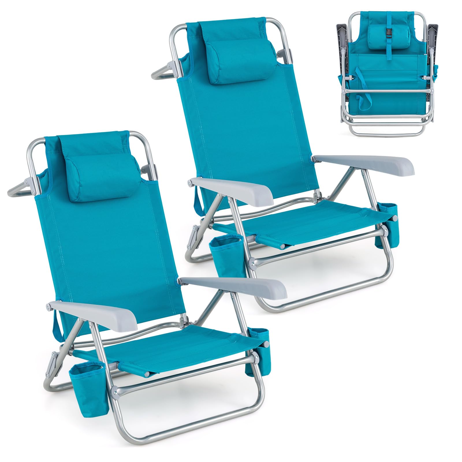 COSTWAY Lot de 2 Chaises de Plage Pliable, Dossier Réglable 7 Positions | Sac Isotherme Amovible, Chaise Longue en Aluminium, Porte-Serviette, Porte-Gobelets, Charge 150 kg, pour Camping Pêche Voyage