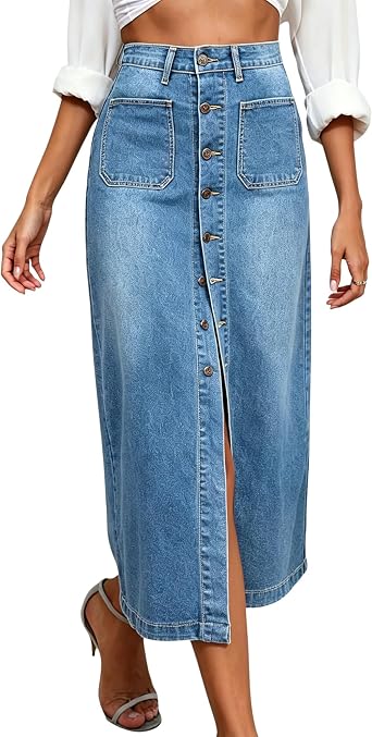 Women's High Waist Stretch Maxi Denim Skirt Front Split Frayed Raw Hem A line Casual Long Jean Skirt