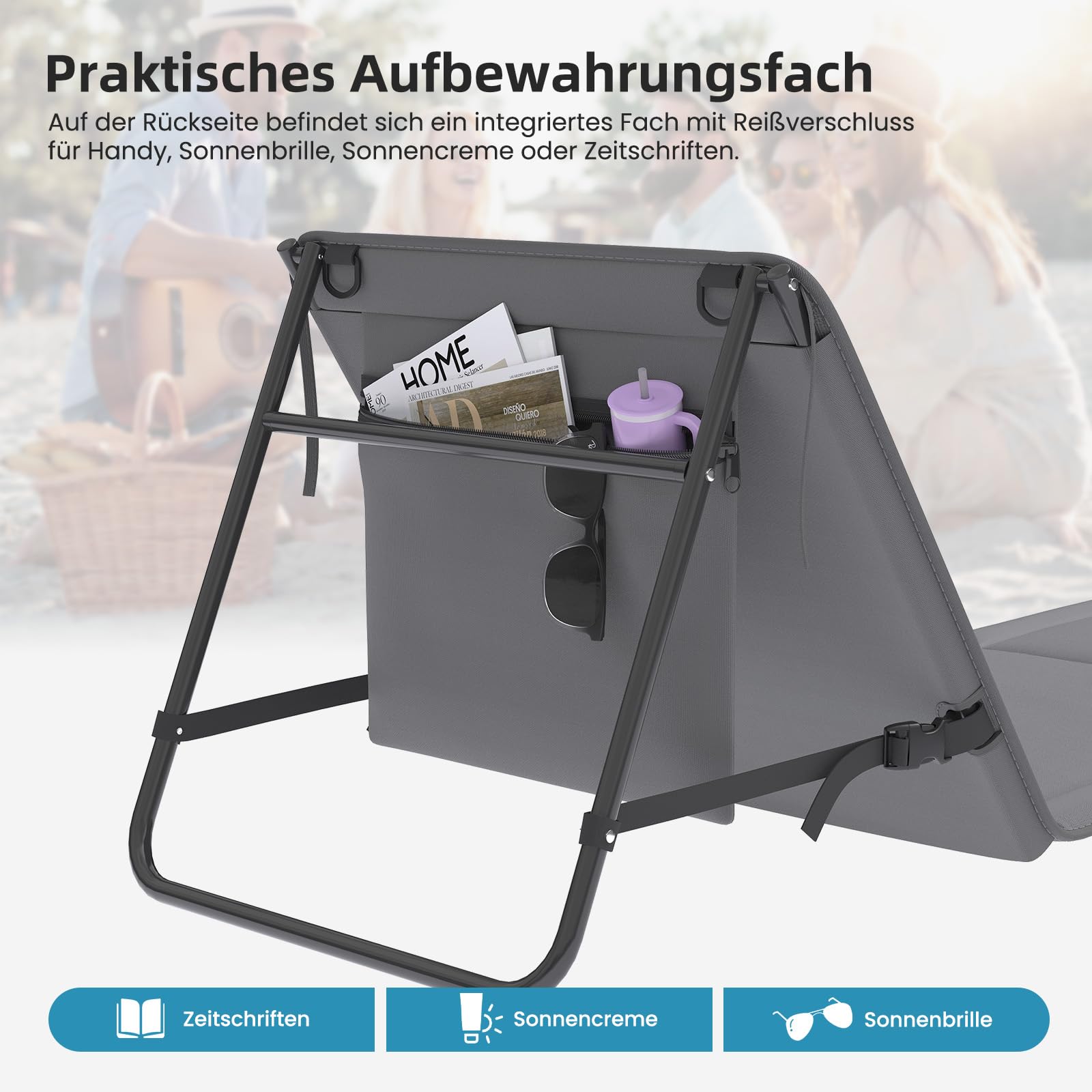 Amopatio 2er Set Strandmatte Klappbar mit Mehrstufig Verstellbarer Rückenlehne & Tragegurt – Faltbare Sonnenliege mit Tasche für Strand, Garten, Camping & Terrasse, Grau