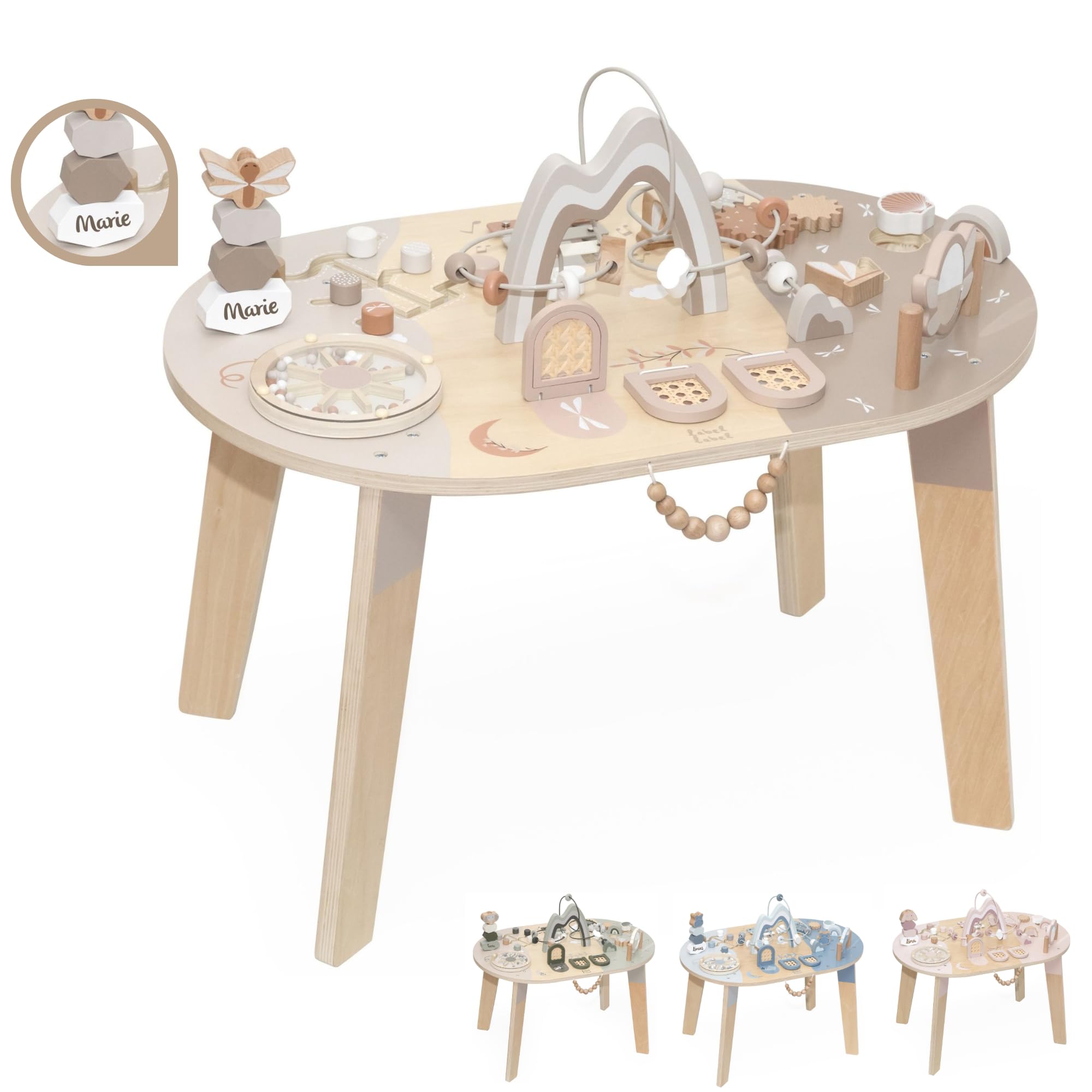 Spieltisch ab 1 Jahr aus Holz personalisiert – 2in1 Motorikspielzeug & Motorikwürfel – Montessori Lernspielzeug Baby – Steckspiel & Aktivitätstisch – Holzspielzeug ab 12 Monate Junge & Mädchen Nougat