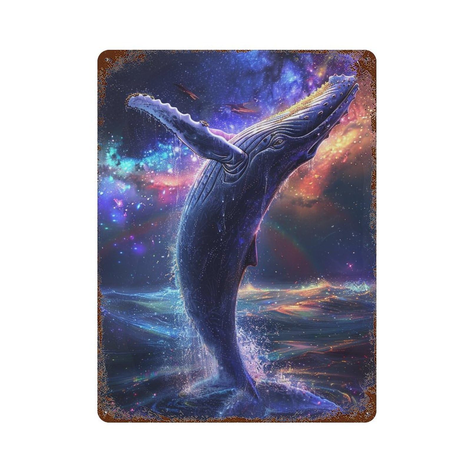 Whale in Space Artwork Aged Metal Wall Plaque 15.7"x11.8", Industrial Home Decor for Garage, Pub Or Kitchen