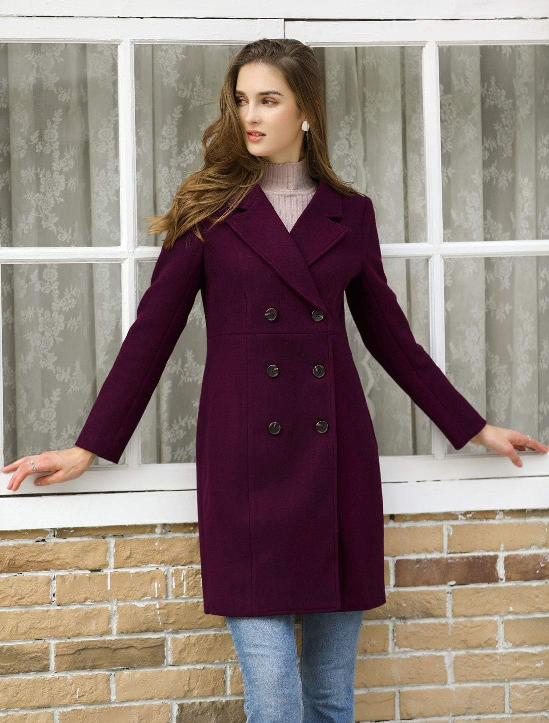 Allegra K Women's Notched Lapel Double Breasted Outwear Winter Long Coat