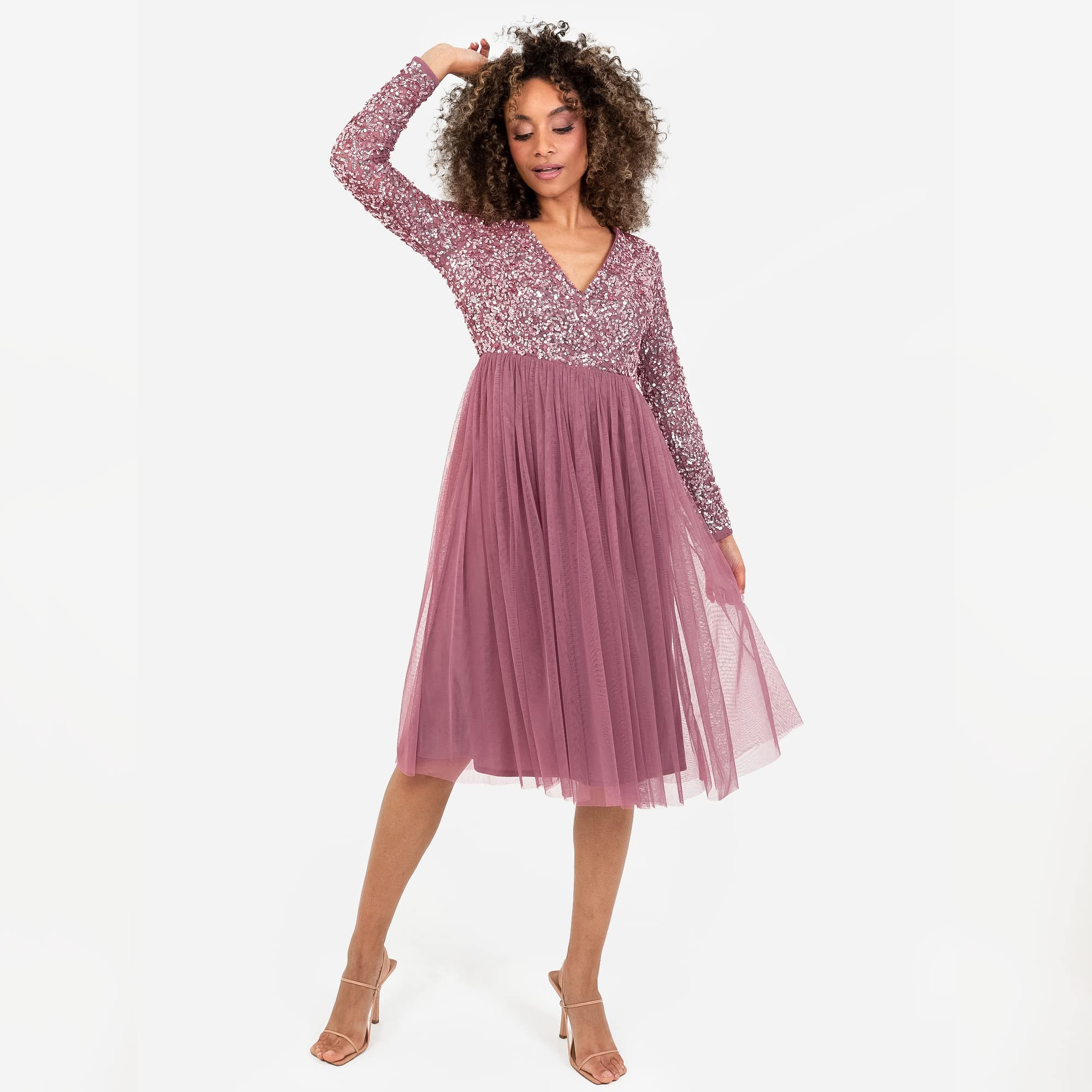 Maya Deluxe Maya Deluxe Abito Longuette da Donna, A Maniche Lunghe, Scollo A V, con Paillettes Impreziosite da Laurea Vestito per Damigella d’Onore Donna