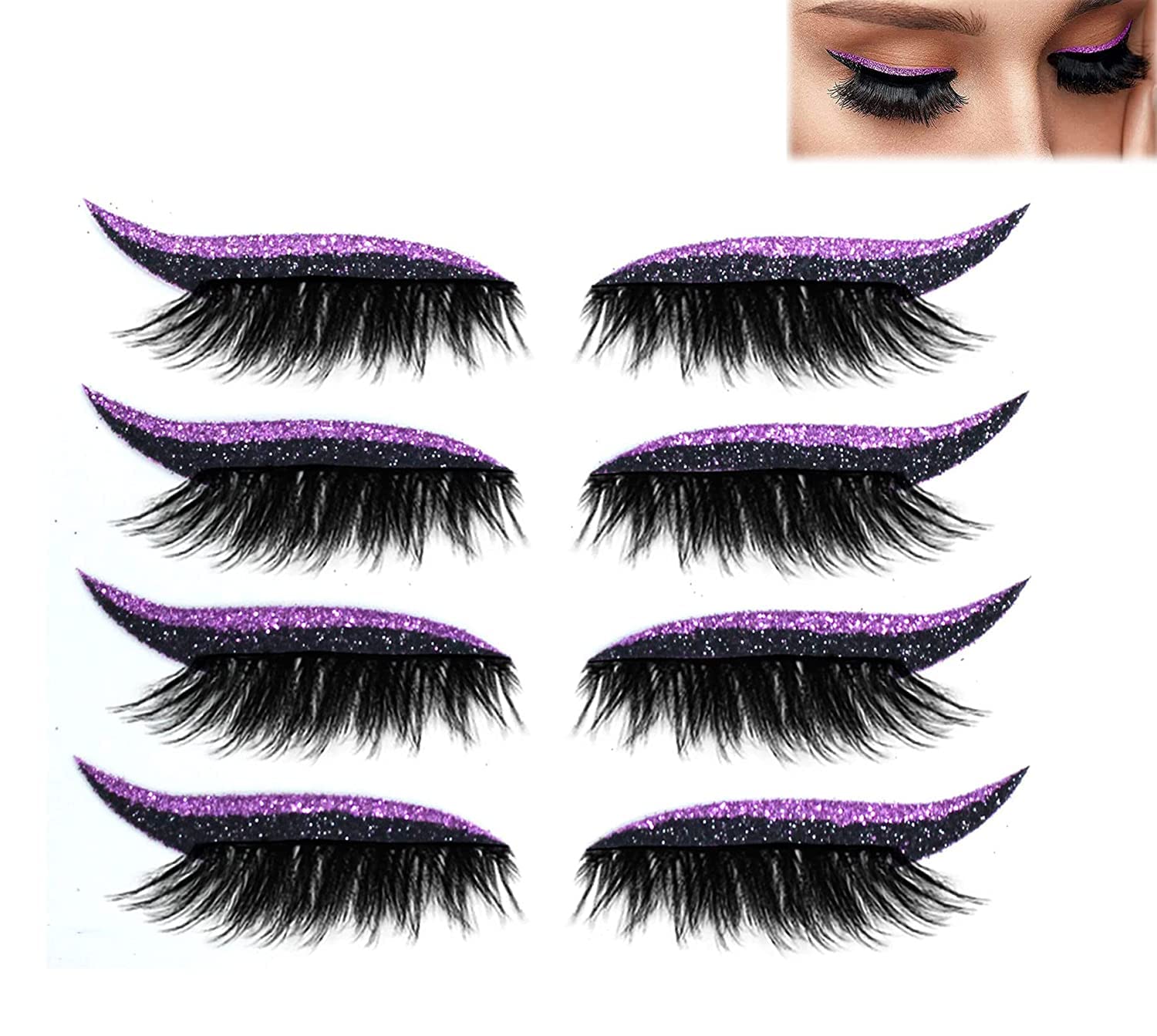 4Pairs False Eyelashes Lashes Eyeliner Sticker with Glitter, Reusable Colorful Beauty Fashion Eyelid Line Sticker Eyelash Extension Kit, Natural Eye Fake Lashes for Women's Make Up (Color : 4Pairs Pu