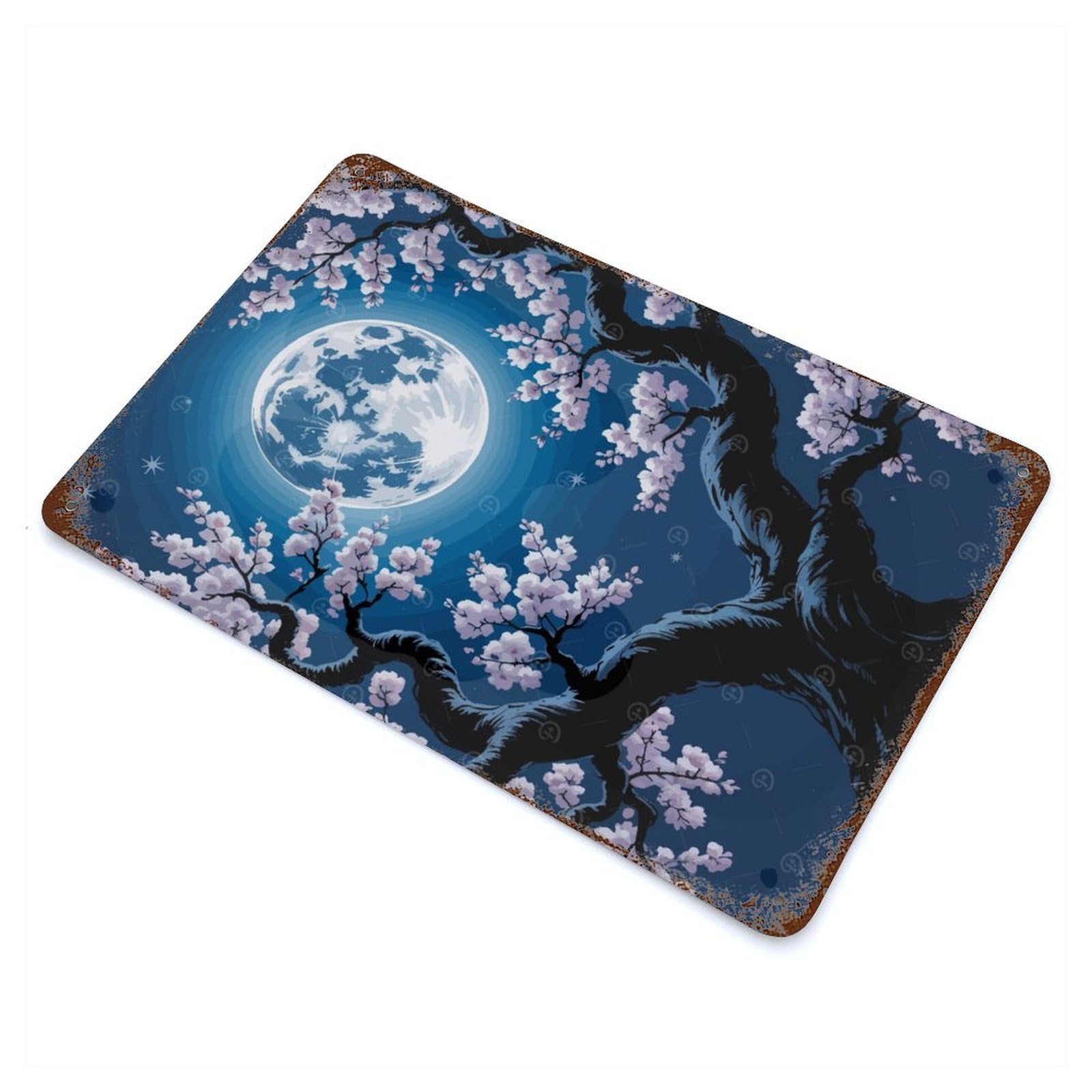 Cherry Blossoms Under Moonlight Decorative Tin Sign 11.8"x7.9", Retro Wall Decor for Basement, Hobby Room And Garage Decor