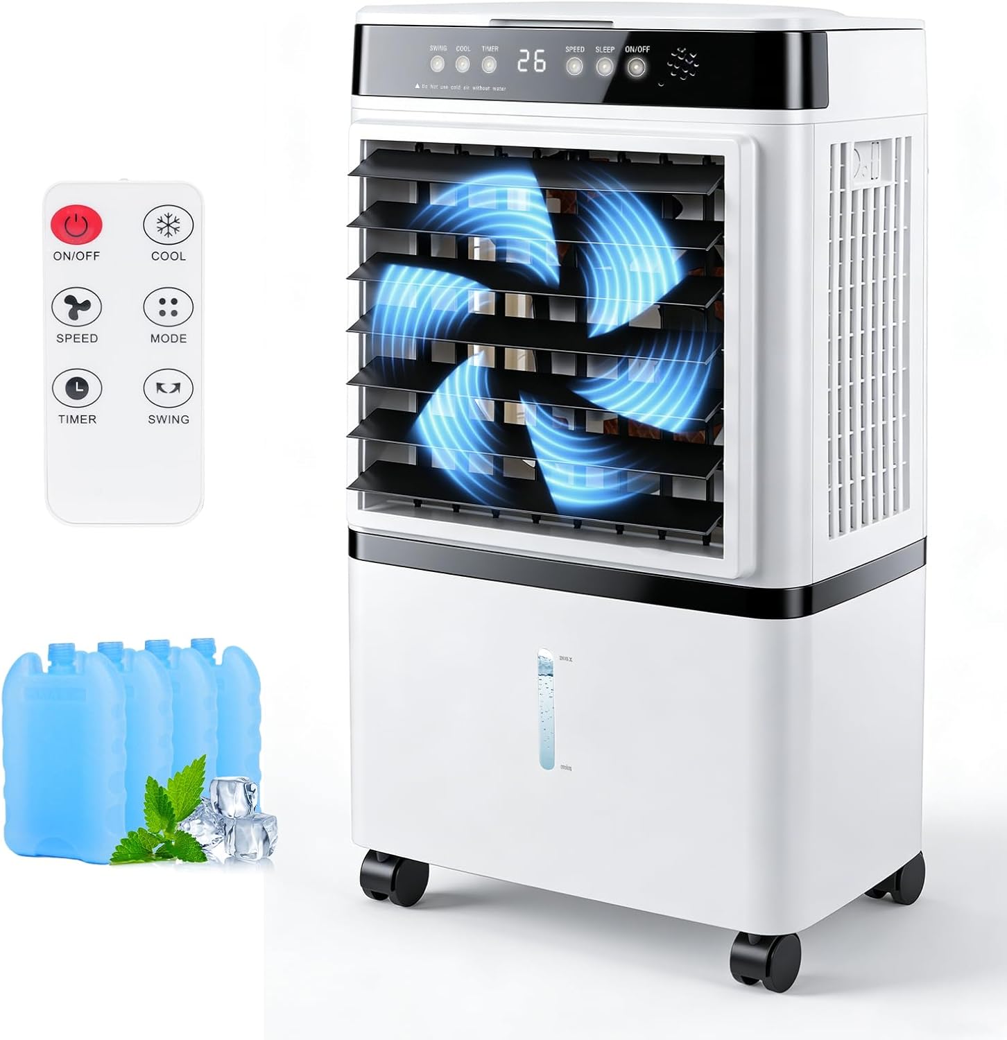 Portable Air Conditioner, Evaporative Air Cooler with Remote 3 Modes 3 Speeds 4 Gal Water Tank 4 ice packs 120°Oscillation 12H Timer 8,500 BTU for Rooms Up To 250 Sq. Ft.