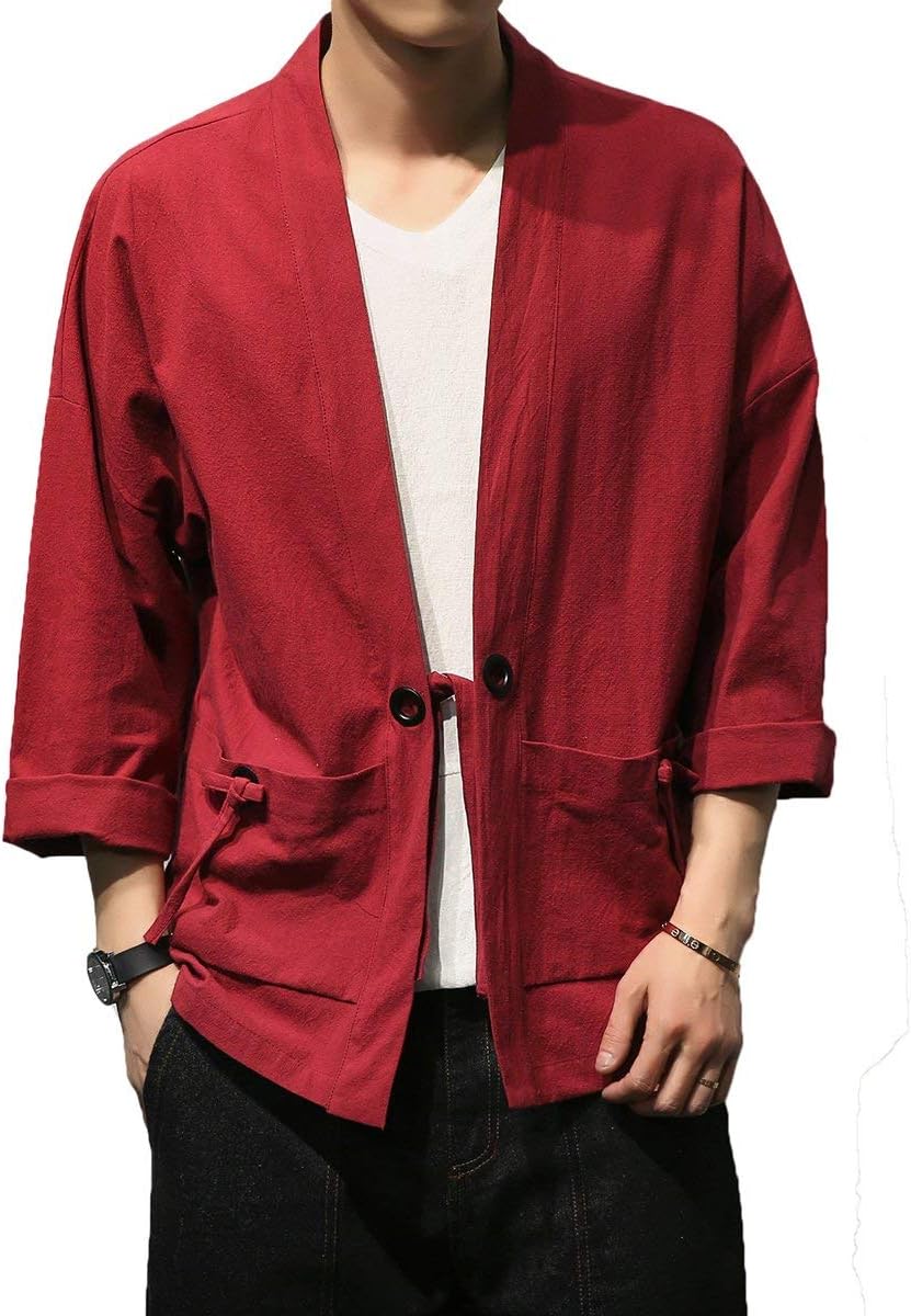 PRIJOUHE Men's Kimono Jackets Cardigan Casual Cotton Blends Linen Seven Sleeve Open Front Embroidery Coat - Image 6