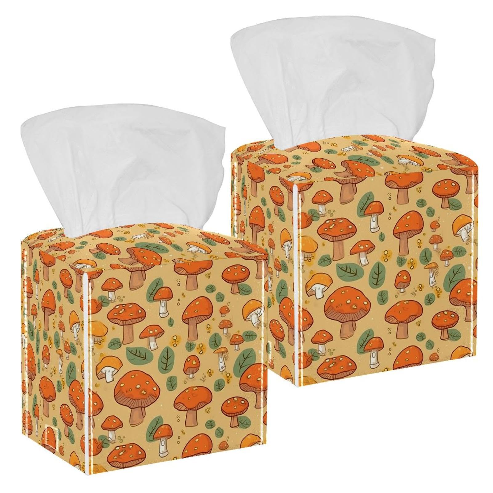 Retro Mushroom Tissue Box Cover, 2 Pack PU Leather Square Facial Tissue Dispenser Box holder for Home Office Car