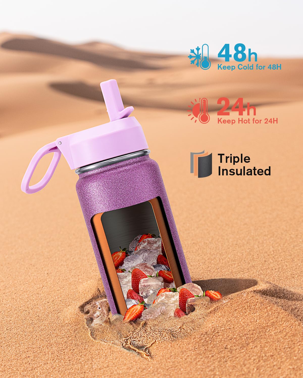 Coolflask Borraccia termica con cannuccia, in acciaio inox, con 3 coperchi, imboccatura larga, per sport o ufficio, senza BPA, mantiene il freddo fino a 48 ore o caldo fino a 24 ore, rosa glitterato