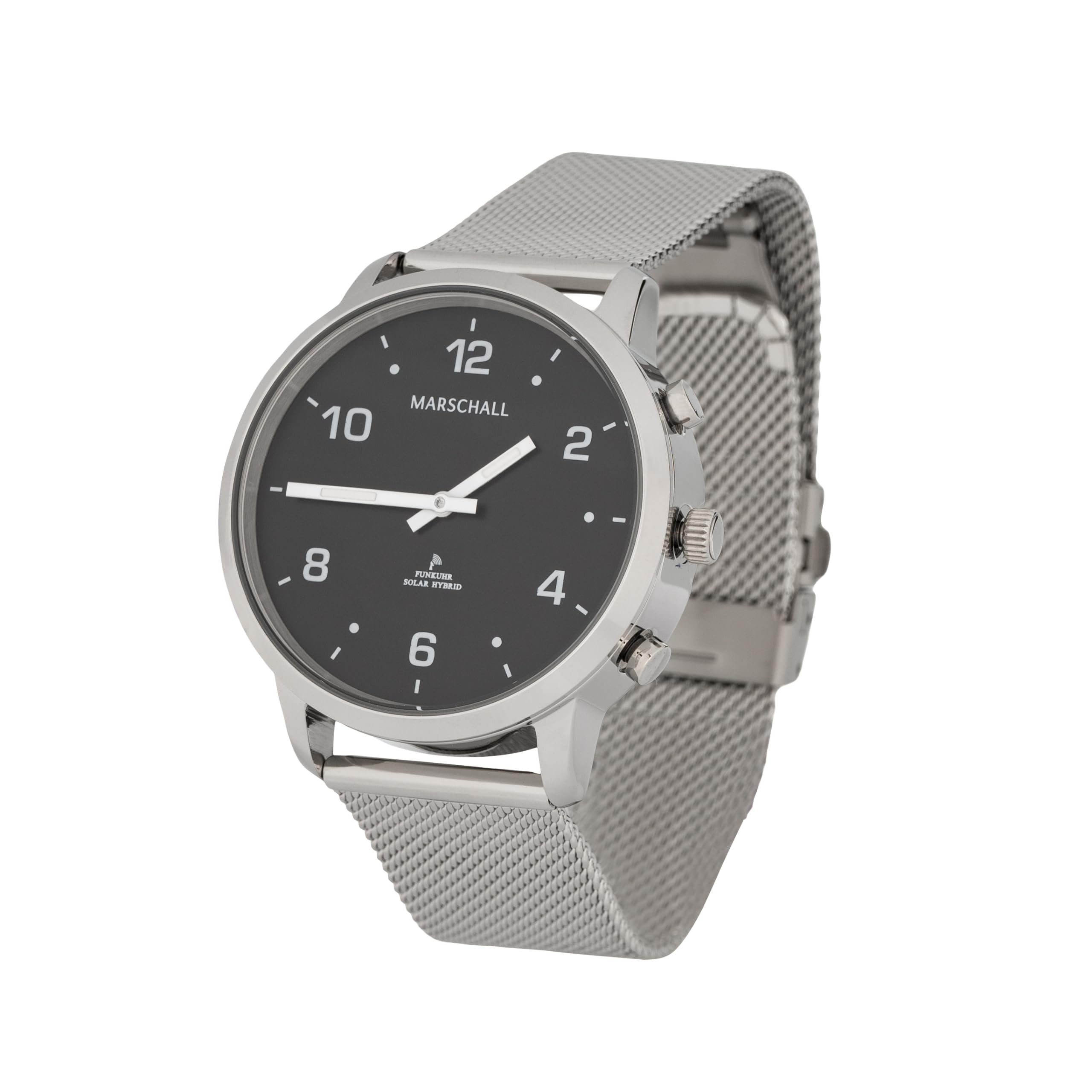 Marschall Deutsch sprechende Unisex Funk-Armbanduhr I Mit Solarpanel I 1150S I Für Blinde, Senioren und Demenzkranke I Datum- und Zeitansage I Schwarzes Zifferblatt und Milanaise Armband