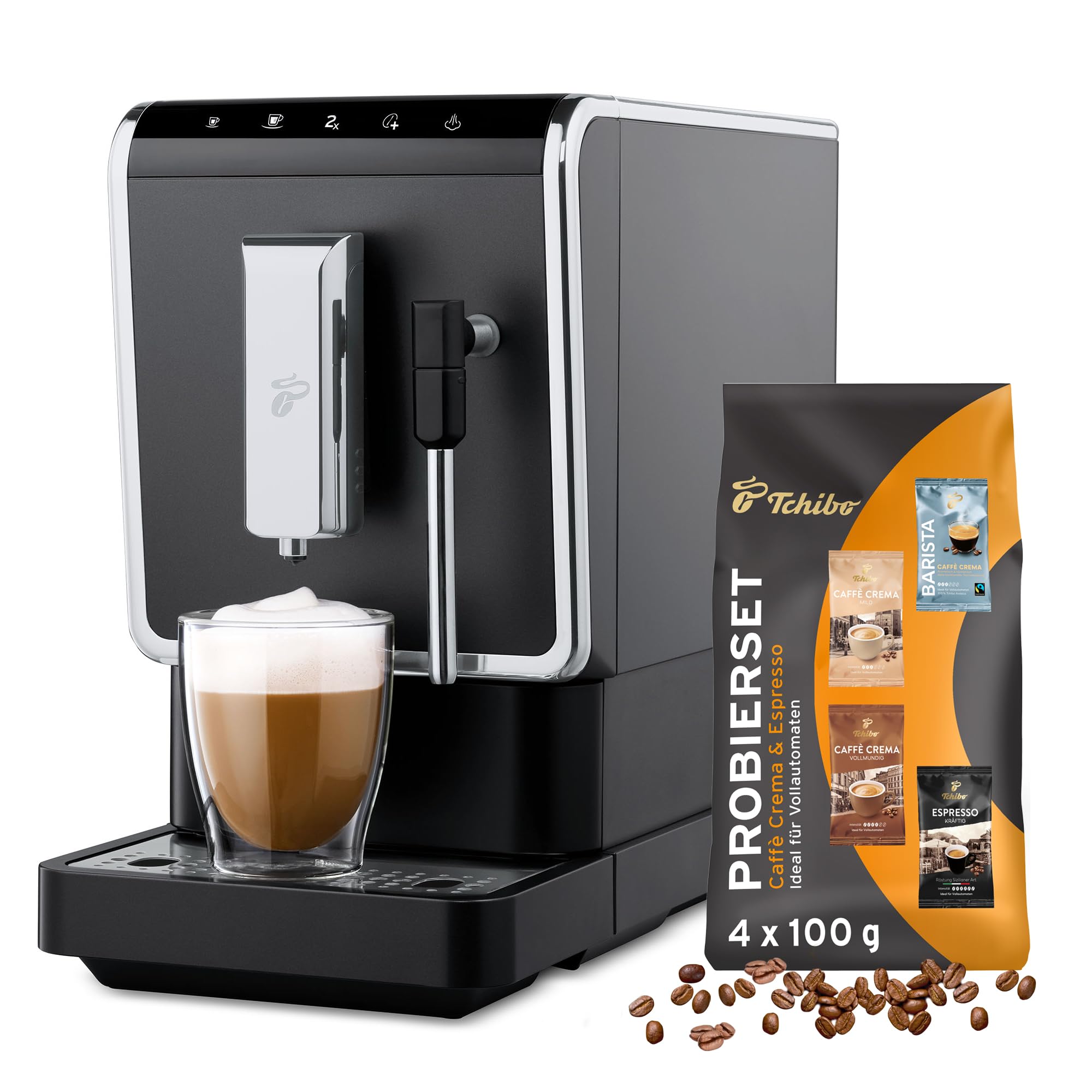 Tchibo Kaffeevollautomat Esperto Latte mit Milchaufschäumfunktion für Caffè Crema, Espresso und Milchspezialitäten, Anthrazit - INKLUSIVE Kaffeeprobierset GRATIS