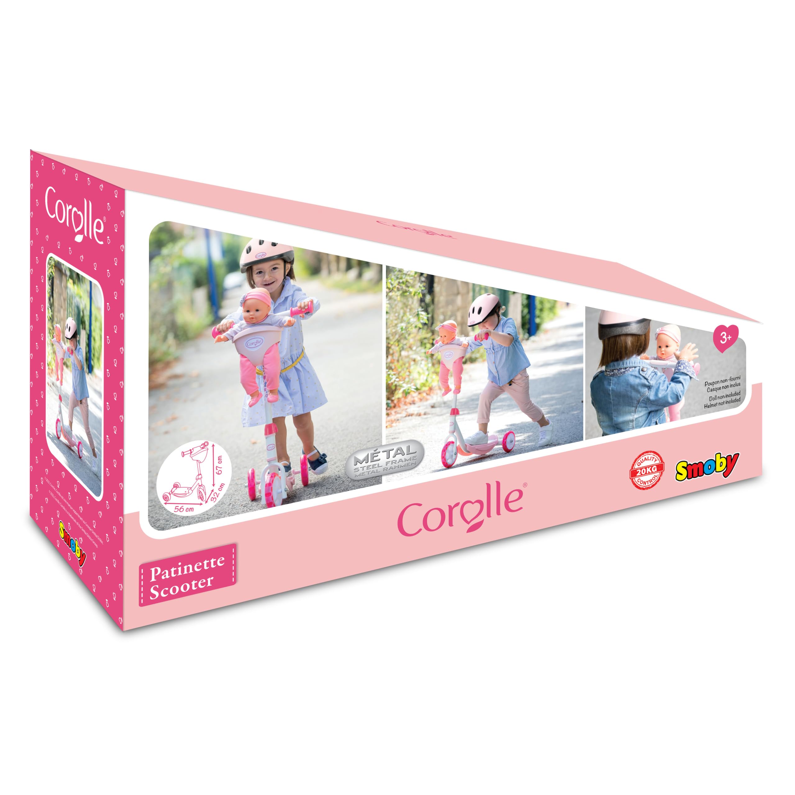 Smoby - Patinete Corolle para niños - 3 Ruedas - Manillar Regulable en Altura - Asiento de muñeca - Superficie Antideslizante - Construcción Estable - A Partir de 3 años