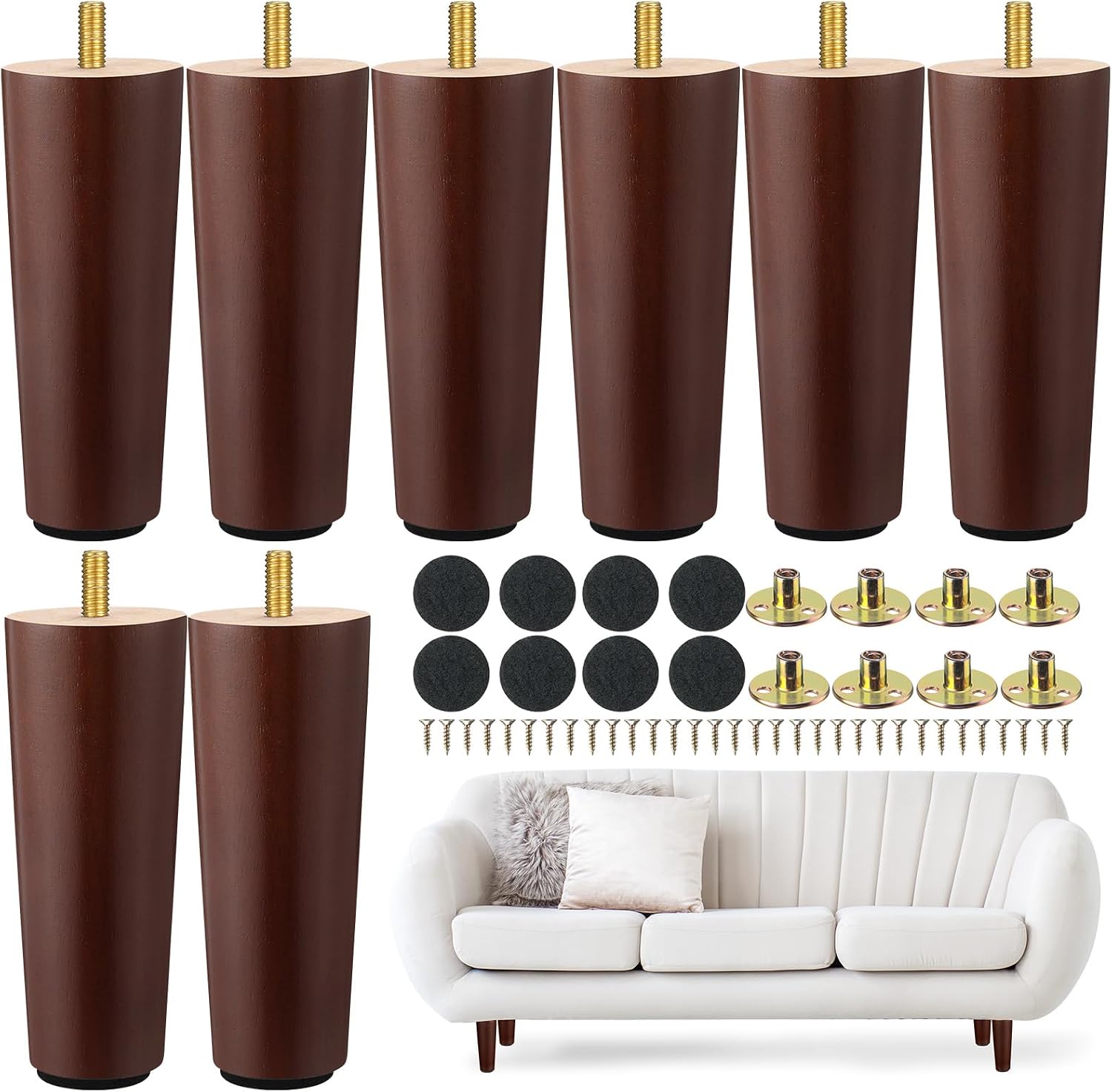 Maitys 8 Pcs 6 Inch Round Solid Wood Furniture Legs Furniture Wooden Replacement Chair Feet Dresser Sofa Couch Legs Table Cabinet Footstool DIY Projects for Home(Brown)