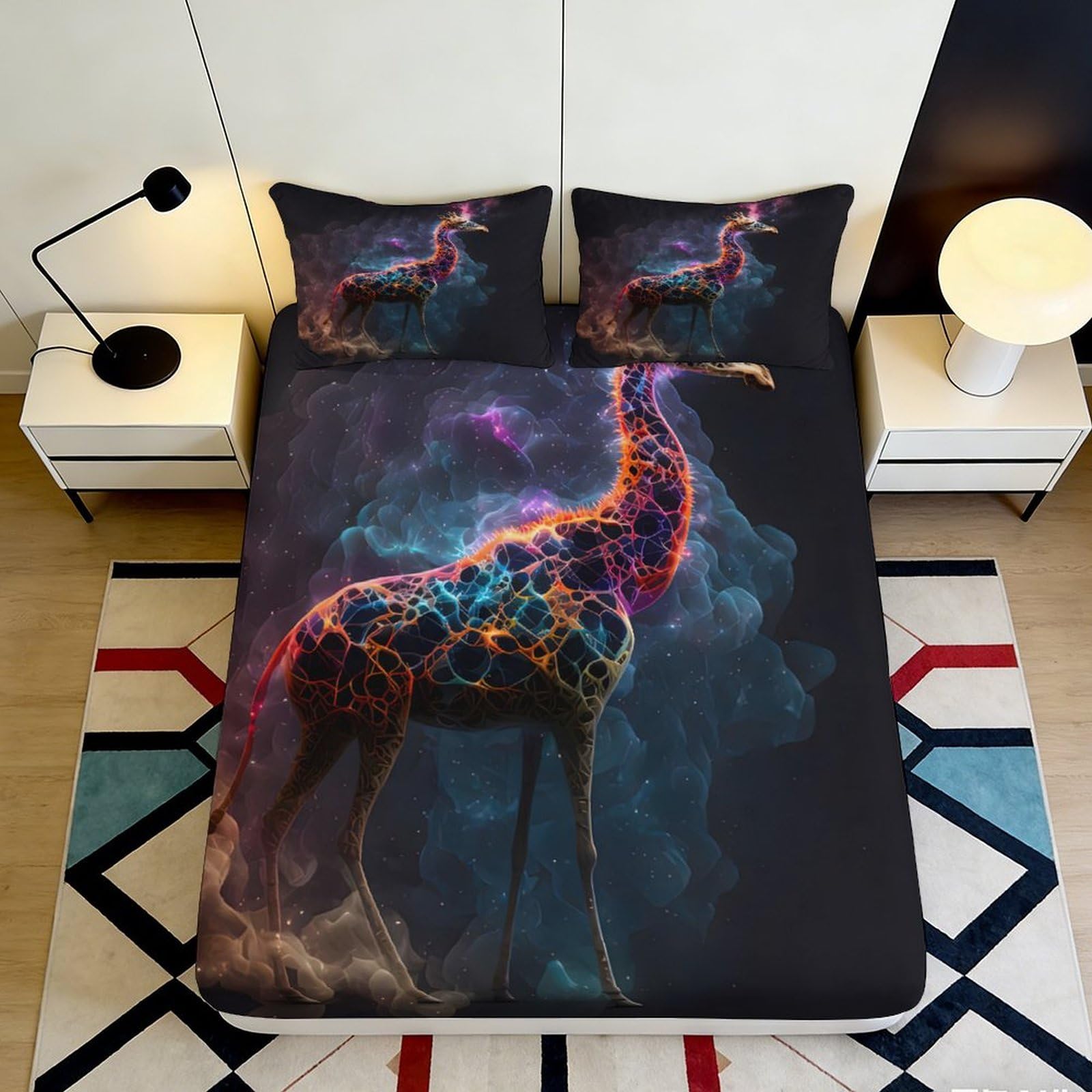 3D Printed Neon Giraffe Fitted Sheet Microfiber Soft Breathable Cosmic Nebula Bed Cover for Bedroom Dormitory Guest Room Protection and Decoration 200x200x25cm