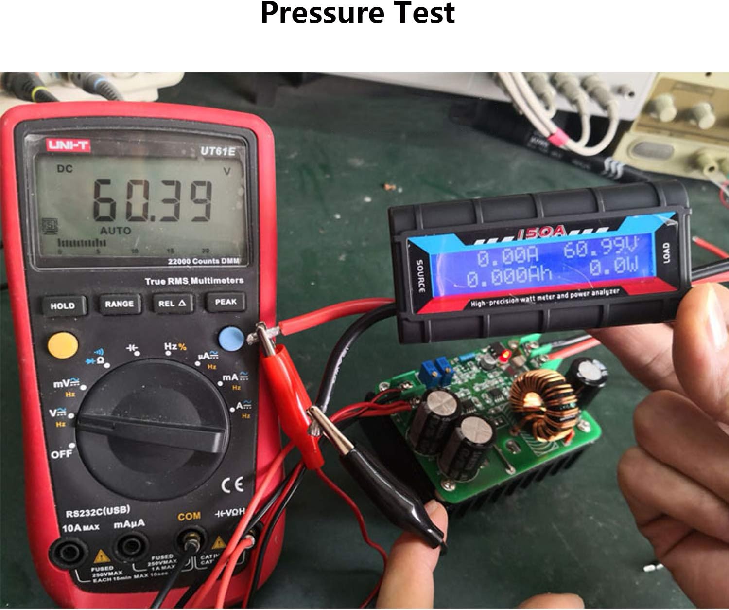 Watt meter displaying voltage during a pressure test