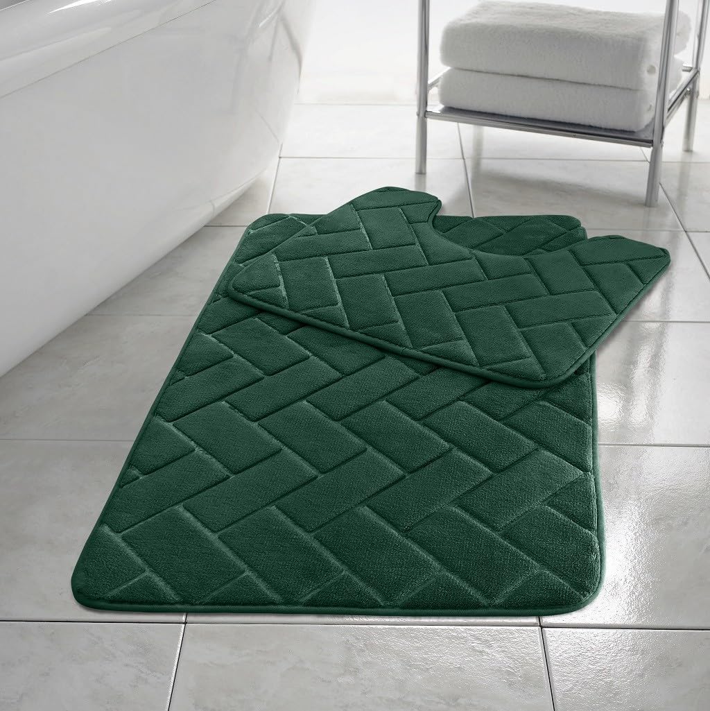 S ONE DISCOUNTS LIMITED Block Memory Foam Bath Mat 2 Piece Set Non Slip Pedestal and Bath Mat Toilet (Green)
