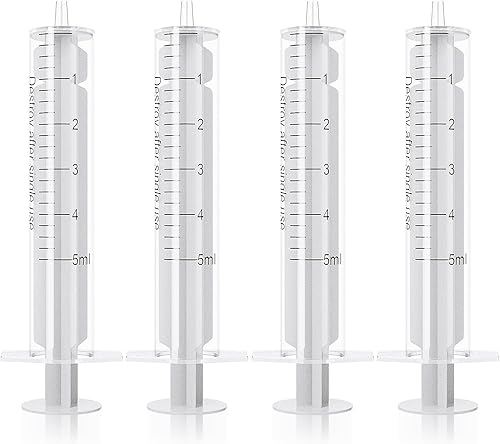 Jeringas de 5 ml/cc sin aguja, jeringa de plástico Luer Slip sin anillo de goma, reduce el desorden, paquete de 20