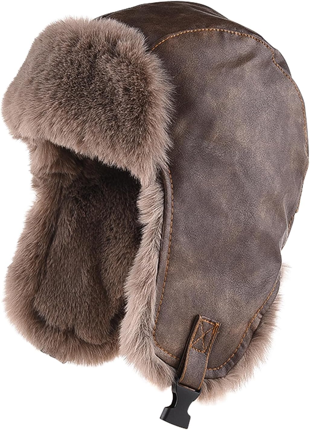 Peicees Trapper Hat for Men Women Winter Leather Fur Hat with Ear Flaps Warmer Waterproof Russian Ushanka for Cold Weather