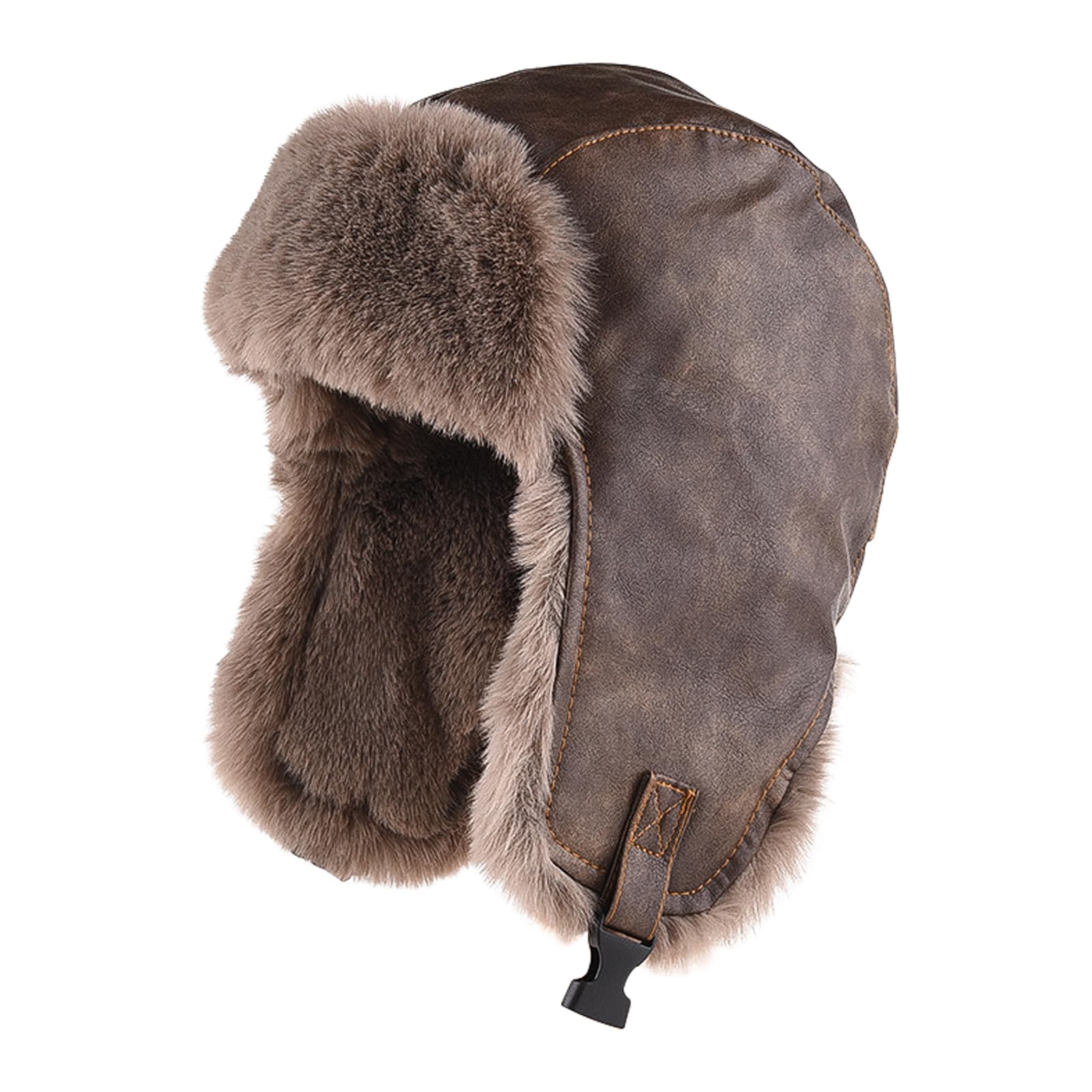 Peicees Trapper Hat for Men Women Winter Leather Fur Hat with Ear Flaps Warmer Waterproof Russian Ushanka for Cold Weather
