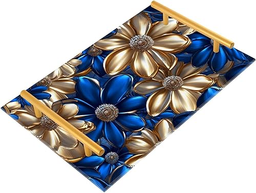 Bandeja decorativa para sofá con asas, color azul y dorado, con flores, bandeja de comida para cama, perfume para cama, bandeja para desayuno,